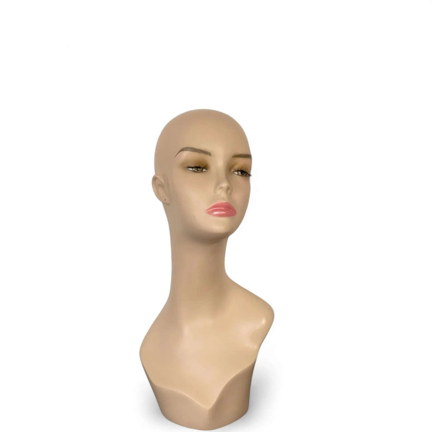 Vintage female bust mannequin with eyelashes and makeup for wigs, hats, scarfs, earrings.