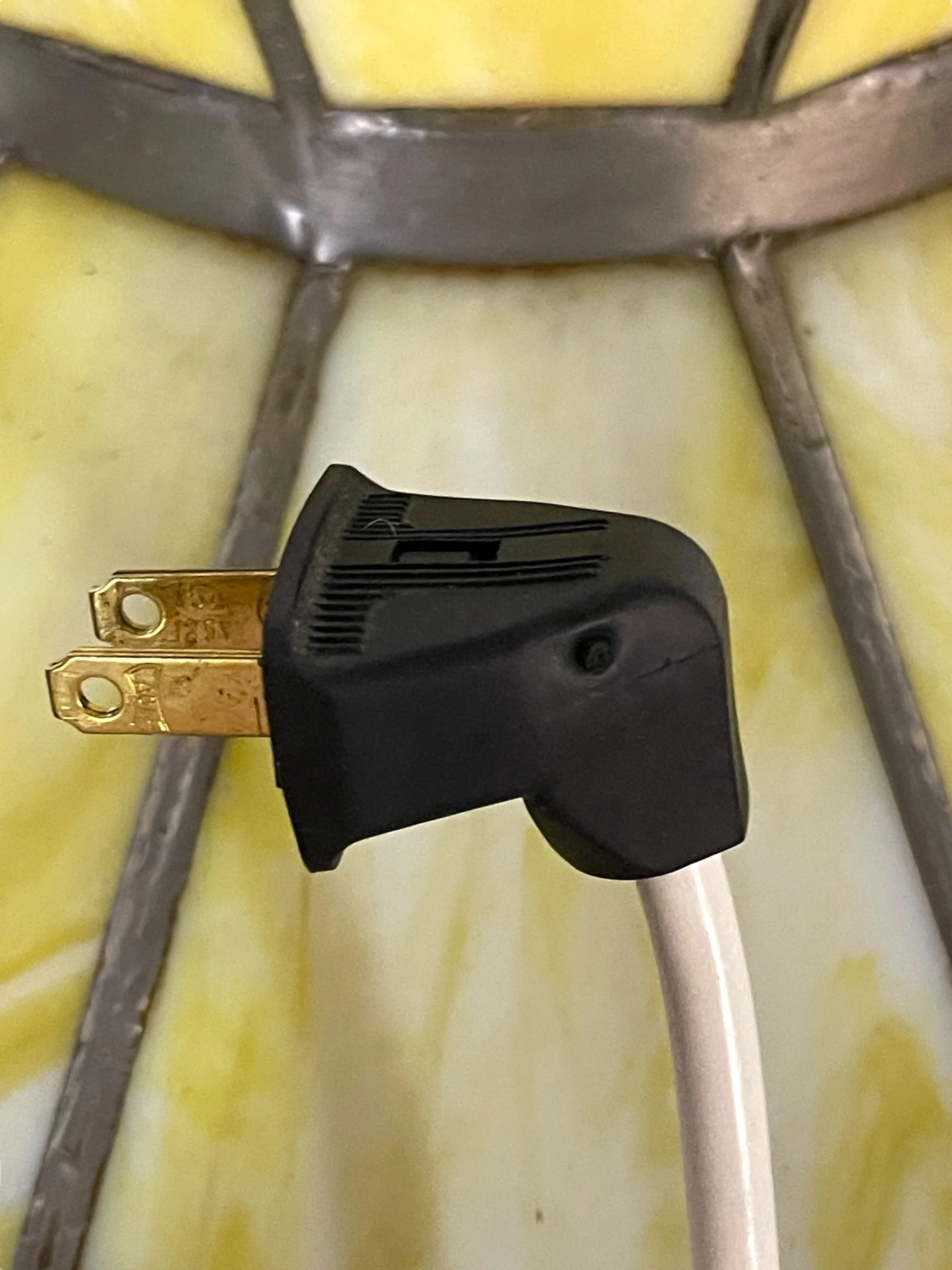 Vintage yellow and white slag glass retro hanging light, perfect for kitchen or dining room.