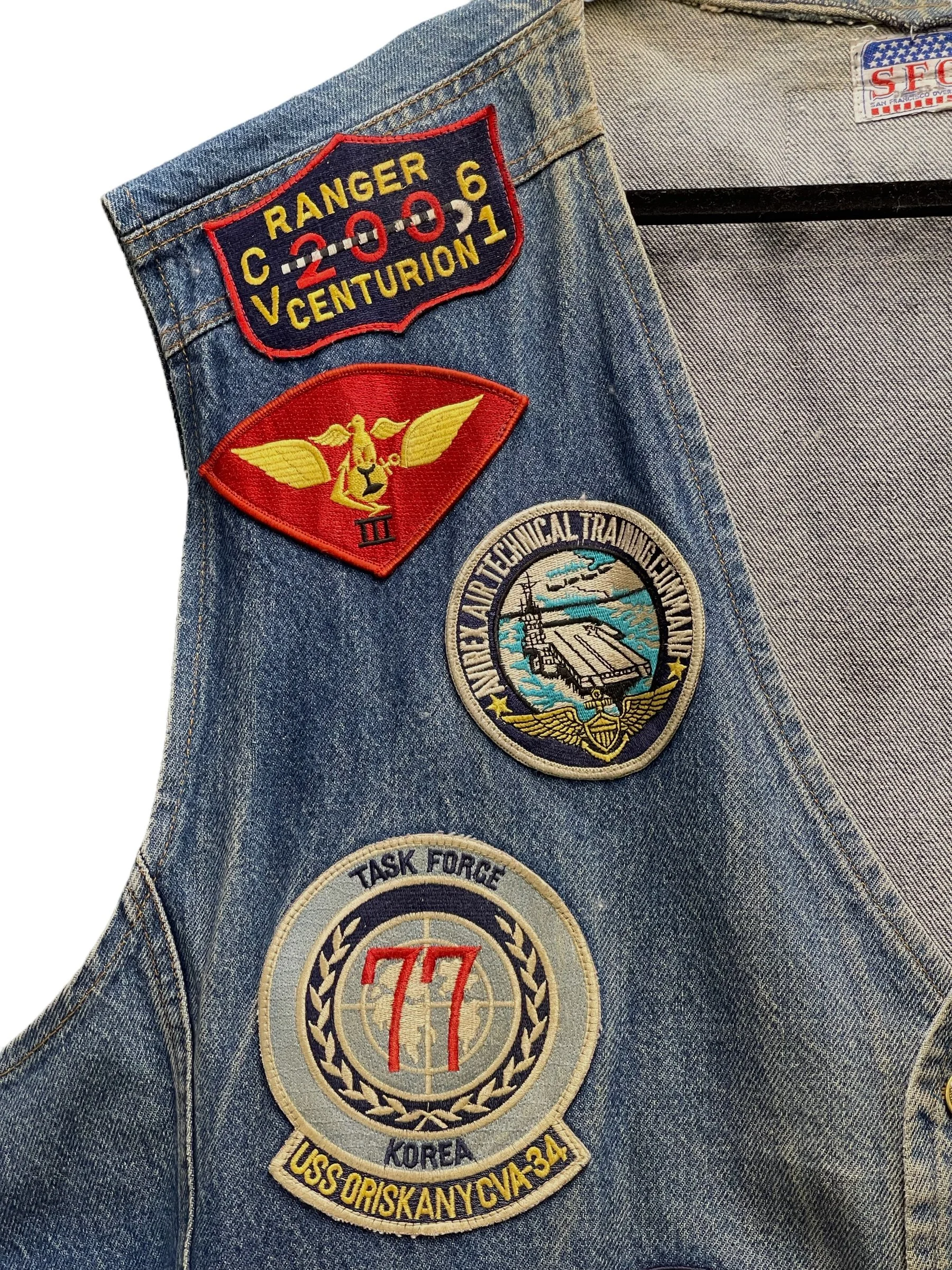 Vintage mens 3XL or 4XL denim vest by SFO San Francisco Overall with vintage military patches.