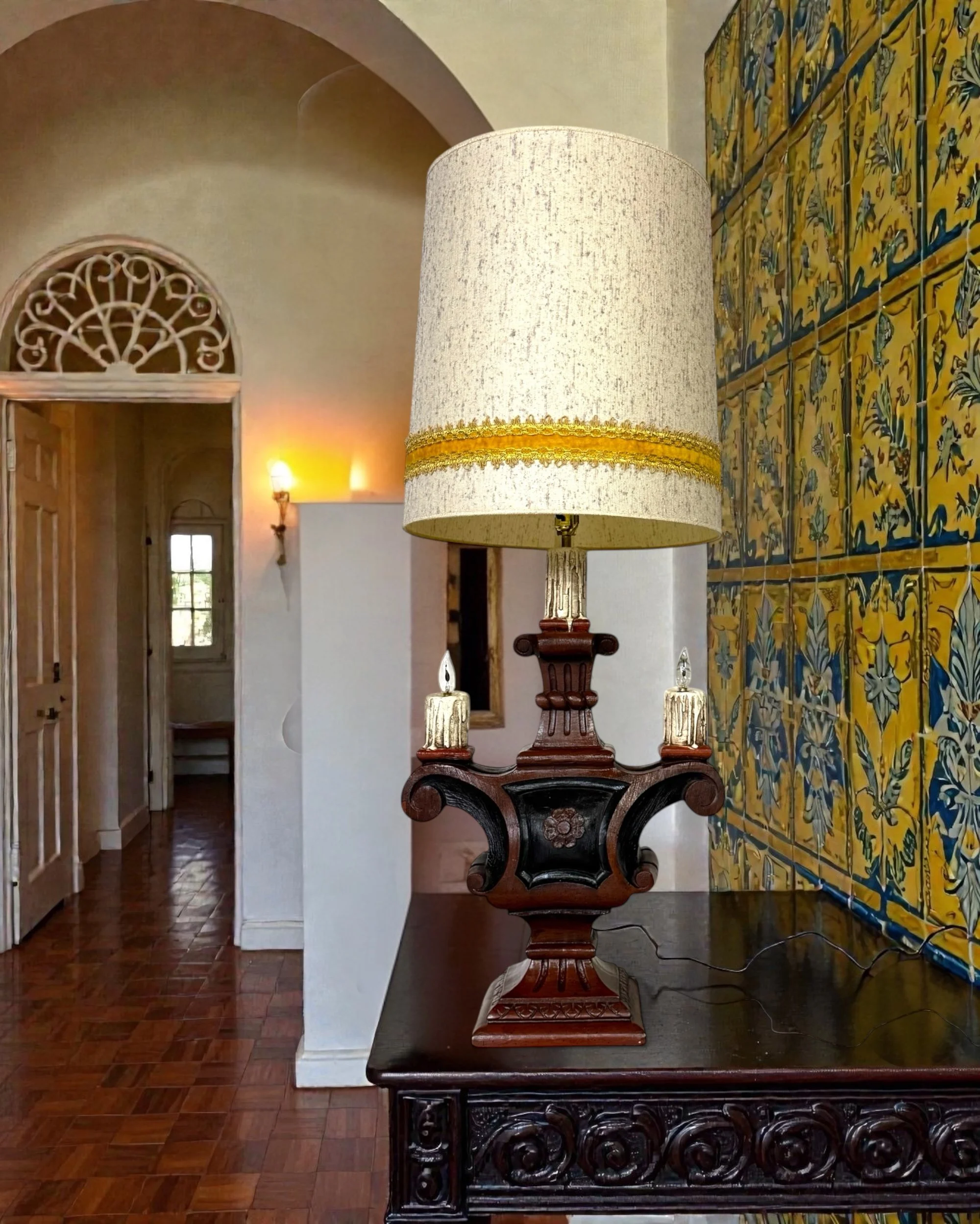 vintage 70s table lamp with shade, dated 1973 by Florentine Art Studio shown displayed in entryway of a Spanish modern home.