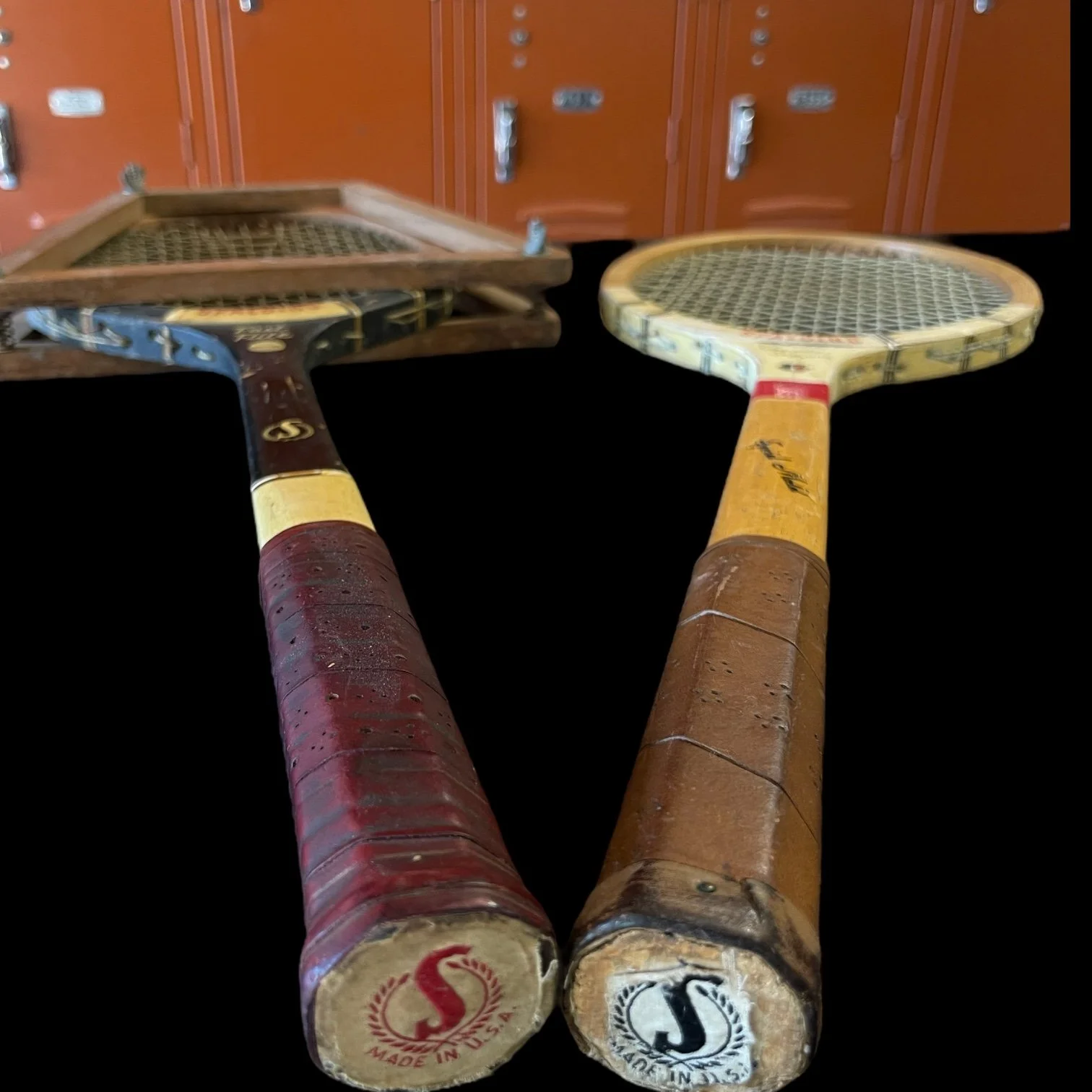 Vintage Wooden Tennis Racket Pair, Spalding Fast Flite, Paucho Segura Special Model with racket press, sports collectible game room decor.