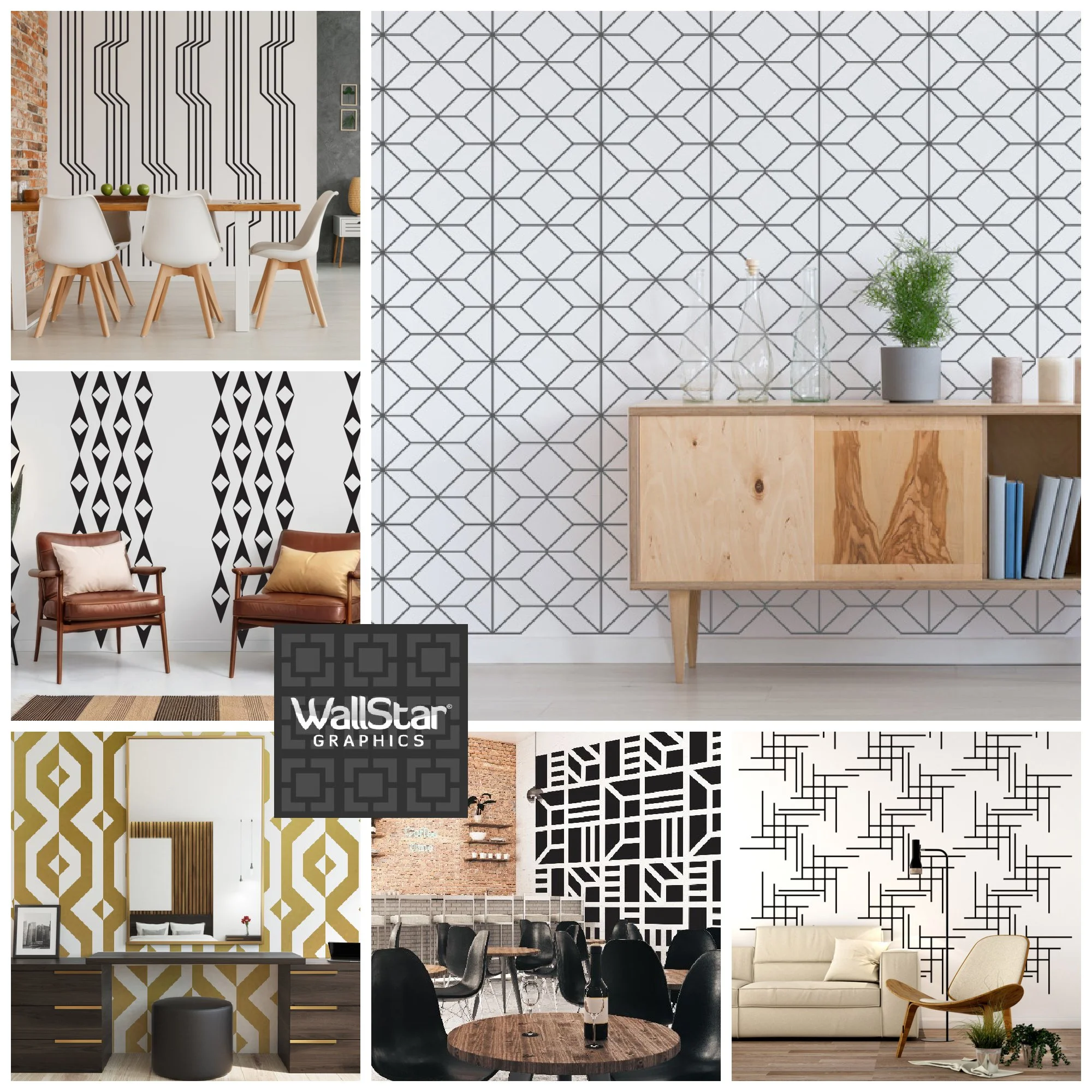 A collage of geometric, mid century inspired wall decals by Wall Star Graphics.