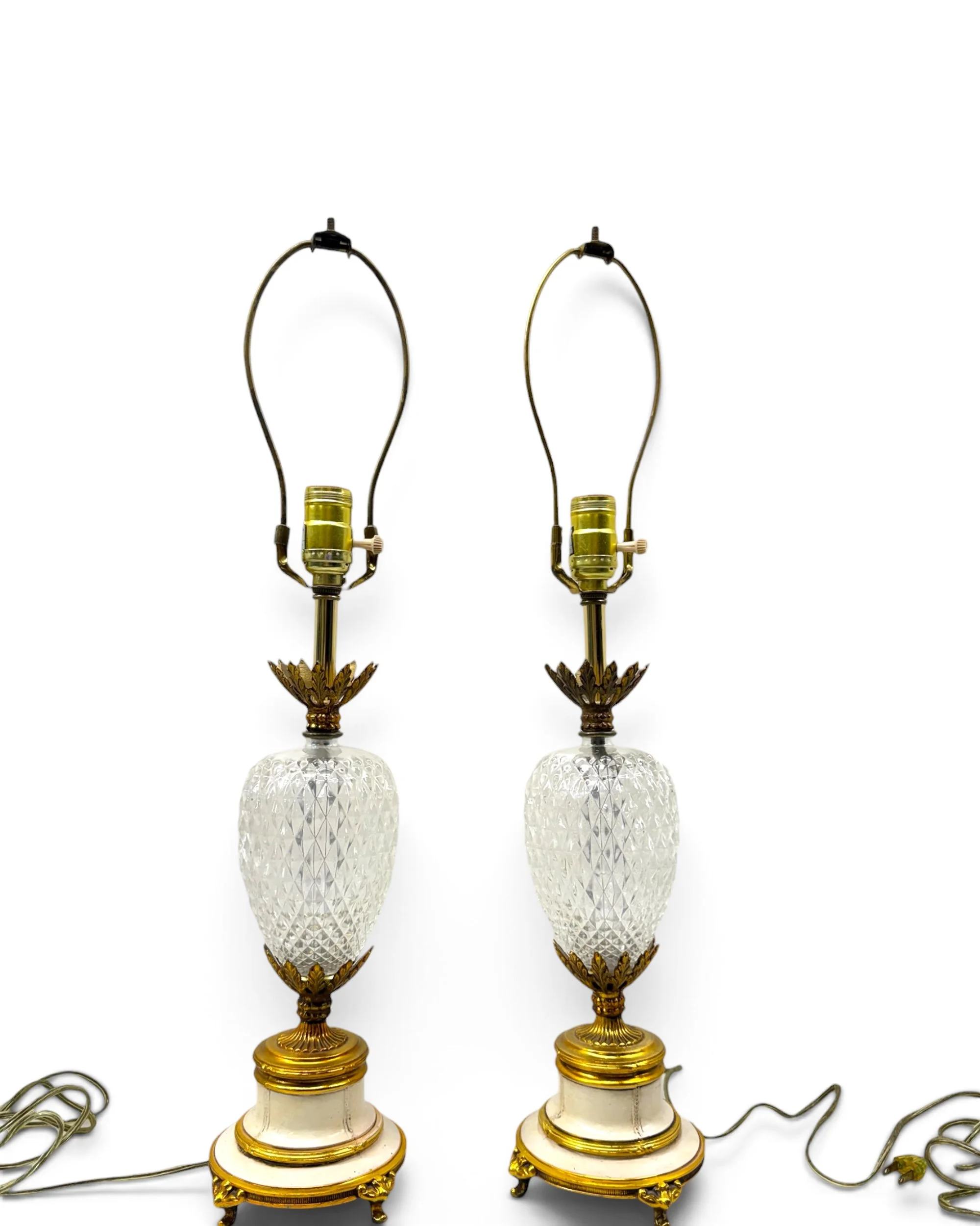 Matching pair of luxury vintage pineapple glass lamps displayed side by side