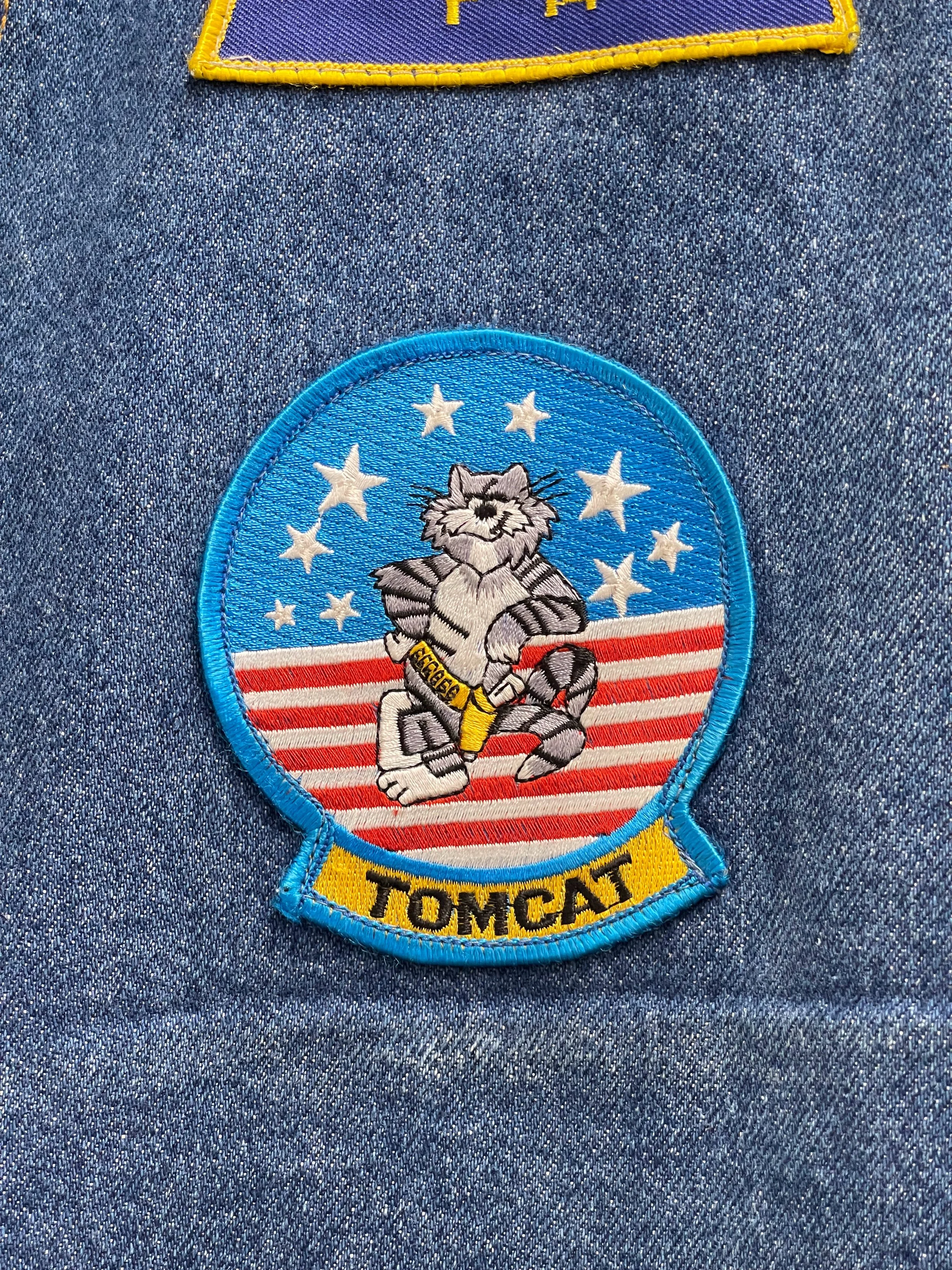 Vintage mens 3XL or 4XL denim vest by SFO San Francisco Overall with vintage military patches.