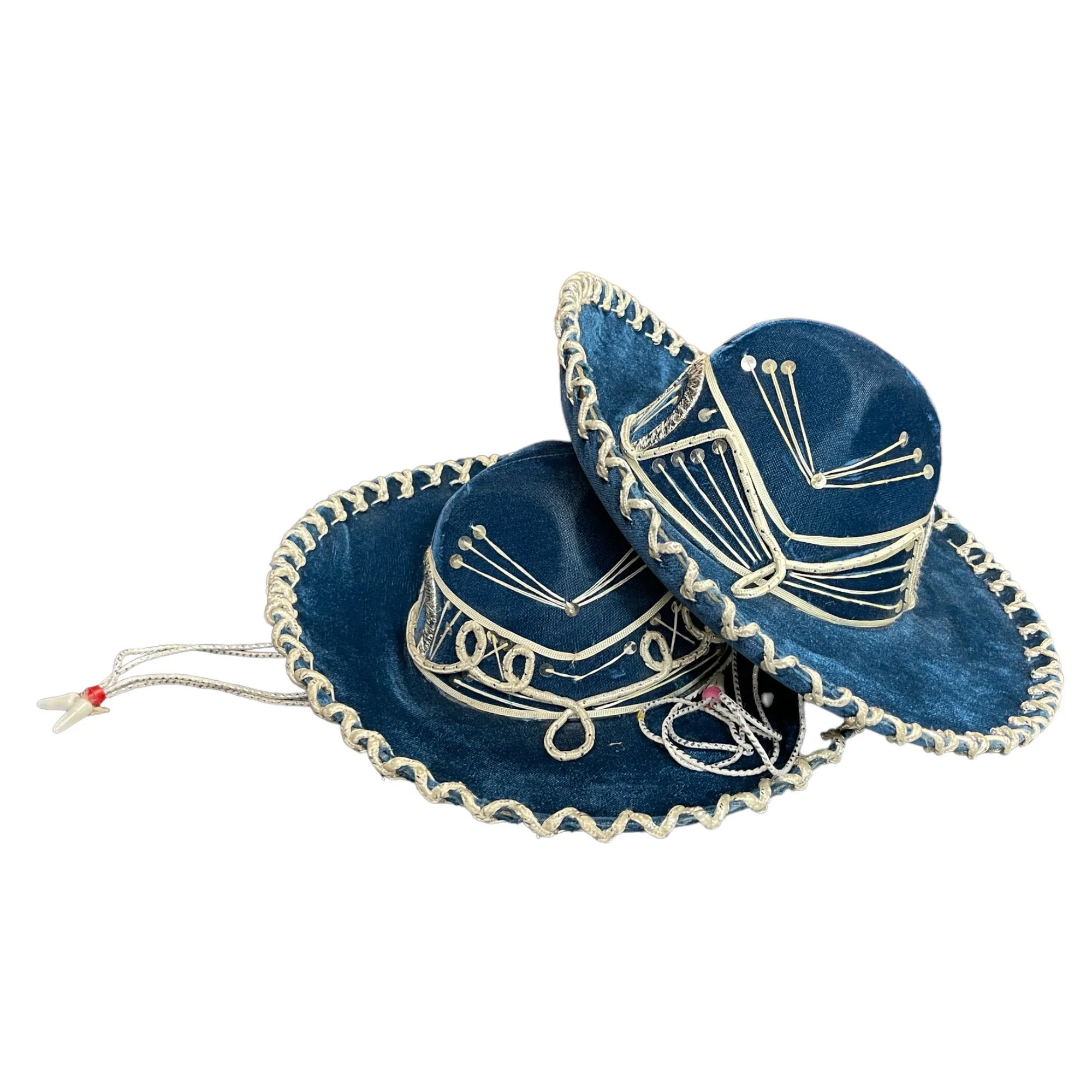 Vintage pair Sombrero Hats for Kids - Felt Sequined, High Crowned Sombreros, vibrant blue with white detailing and silver sequins.