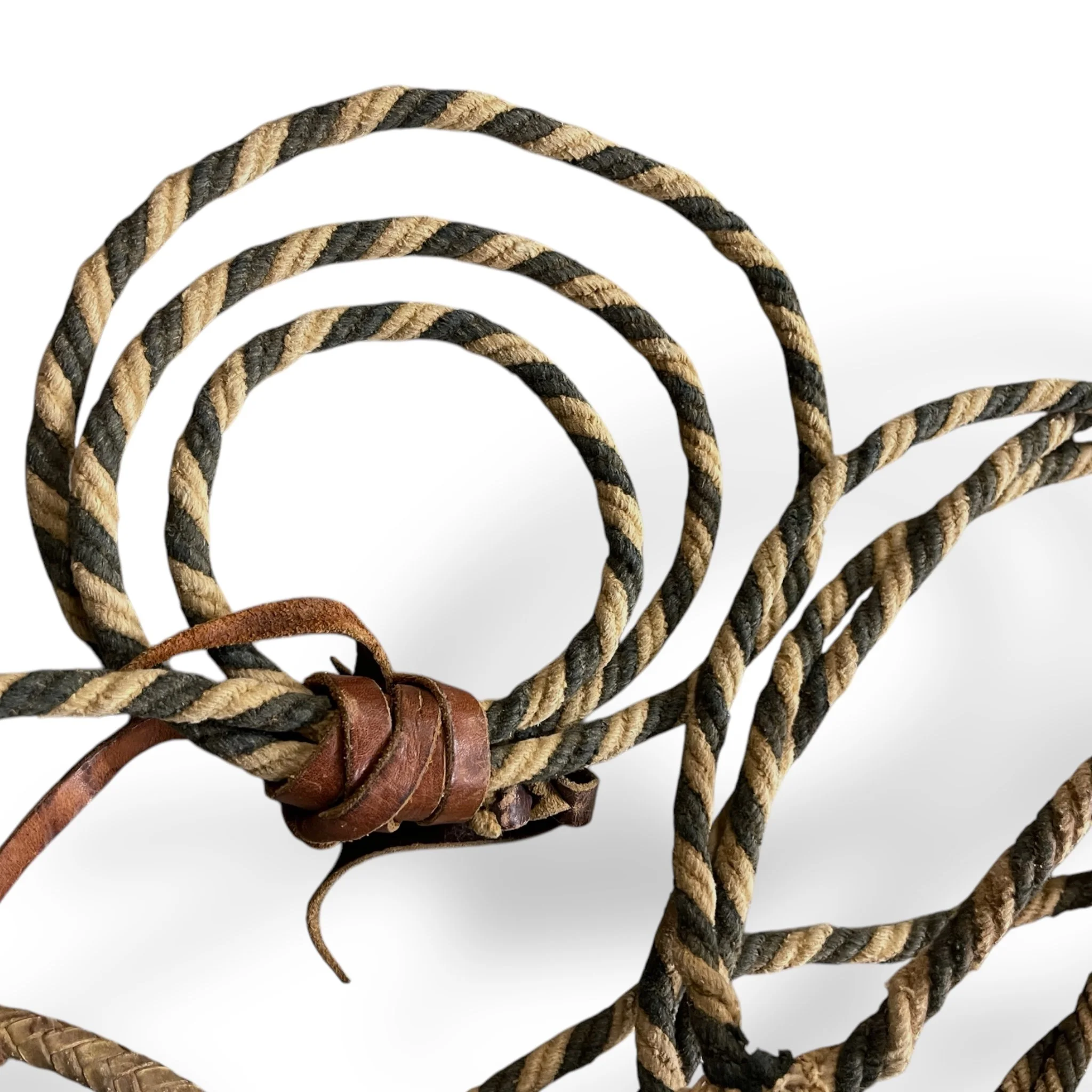 Vintage western rope with leather accents, horse tackle, perfect decor accent for cowboy themed rustic cabin or lodge.