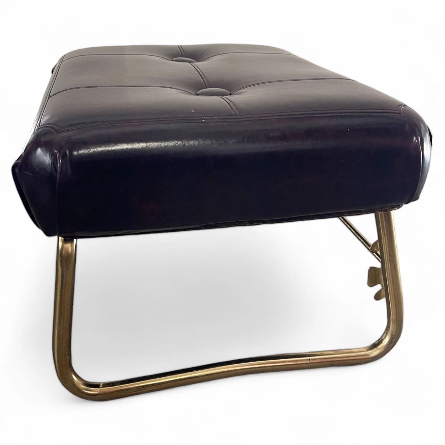 Vintage 1960s mid century adjustable Pearl Wick Leg Lounger footstool ottoman in a dark brown vinyl upholstered top with gold metal legs. Made in USA.