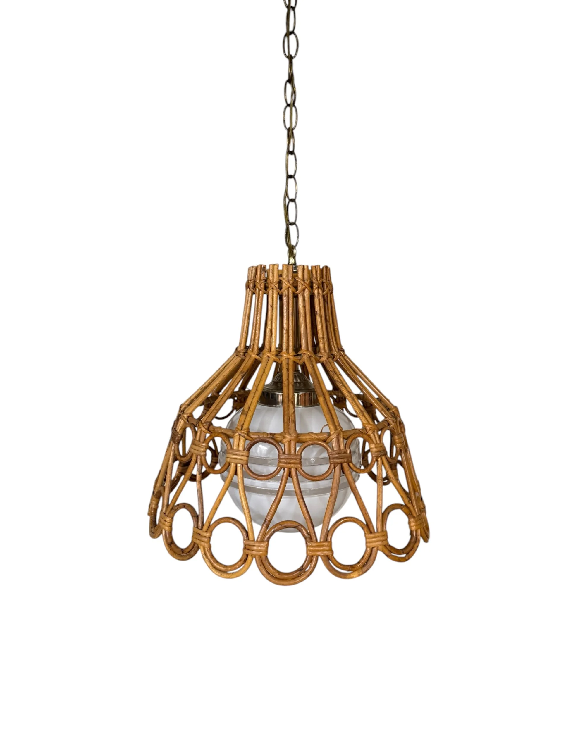 Vintage rattan pendant light with woven wicker cage, glass globe and hanging chain
