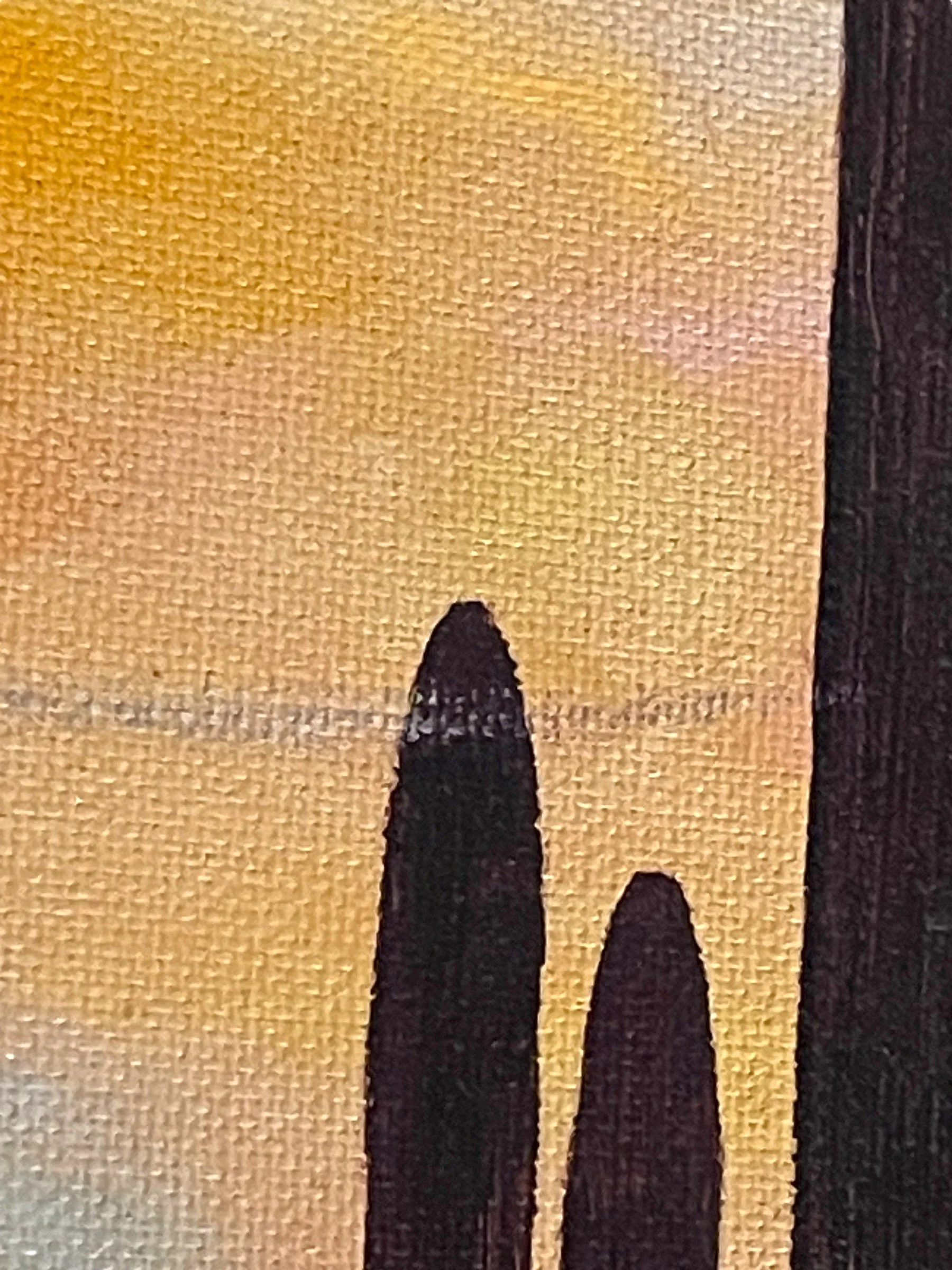 Vintage original oil painting of a desert at sunset featuring cactus, mountain under a colorful sky, framed, signed by artist. Ideal southwestern or boho interior decor.