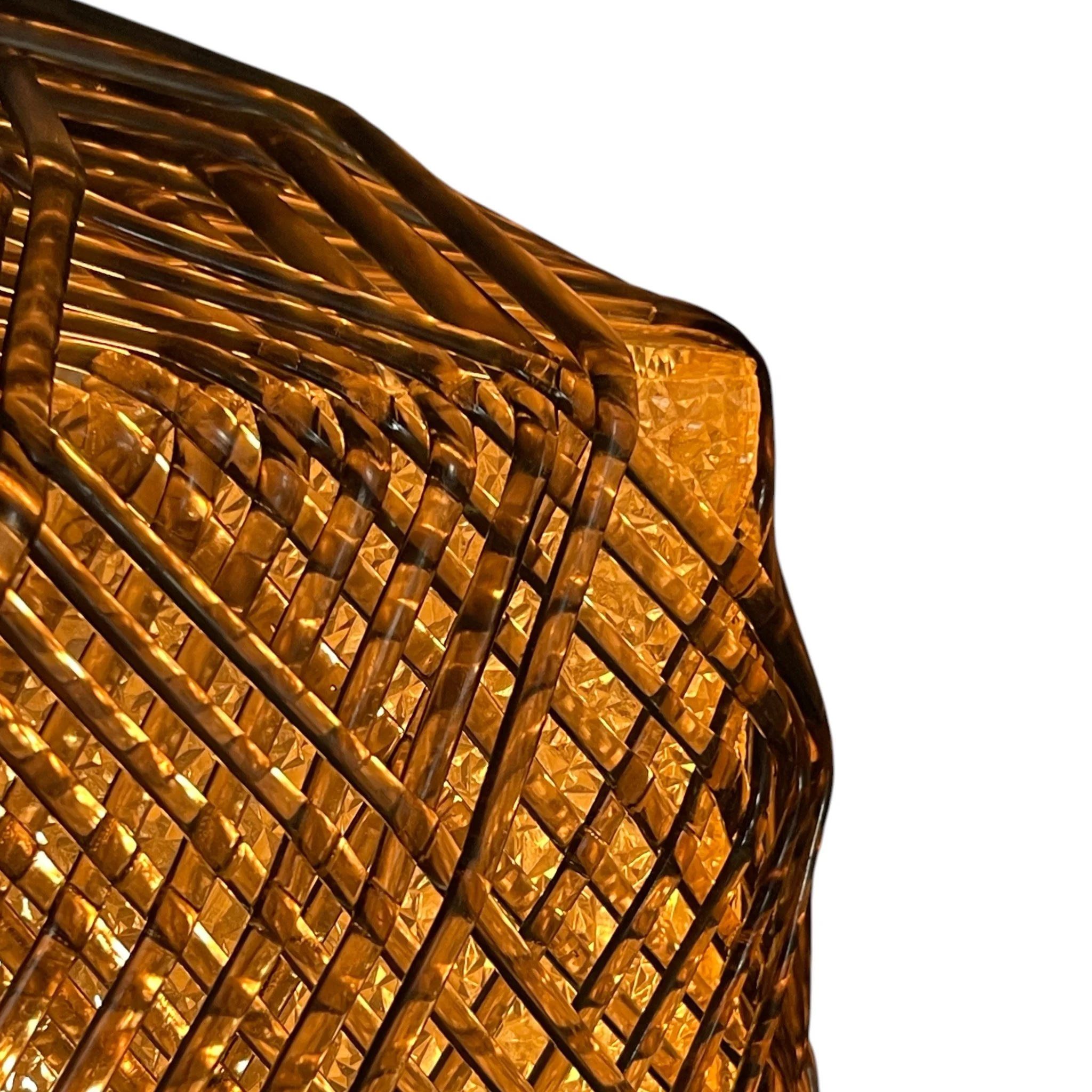 Vintage square lucite hanging swag light with chain. This unique pendant light features a geometric woven lucite design in a rich smoky grey, creating a warm, ambient glow when lit.