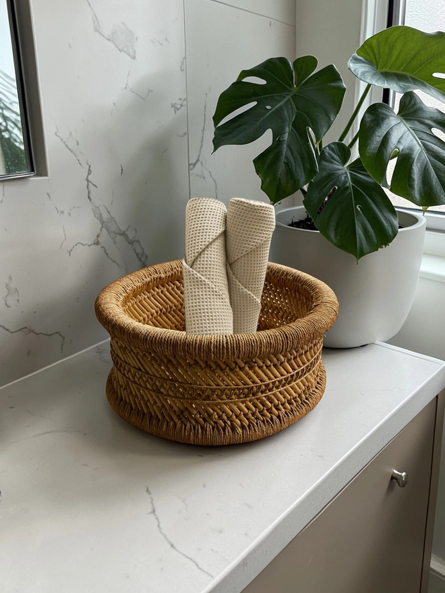 Photoroom_20260326_090625vintage woven rattan wicker round basket boho accent - Modern Artifact Decor.JPG