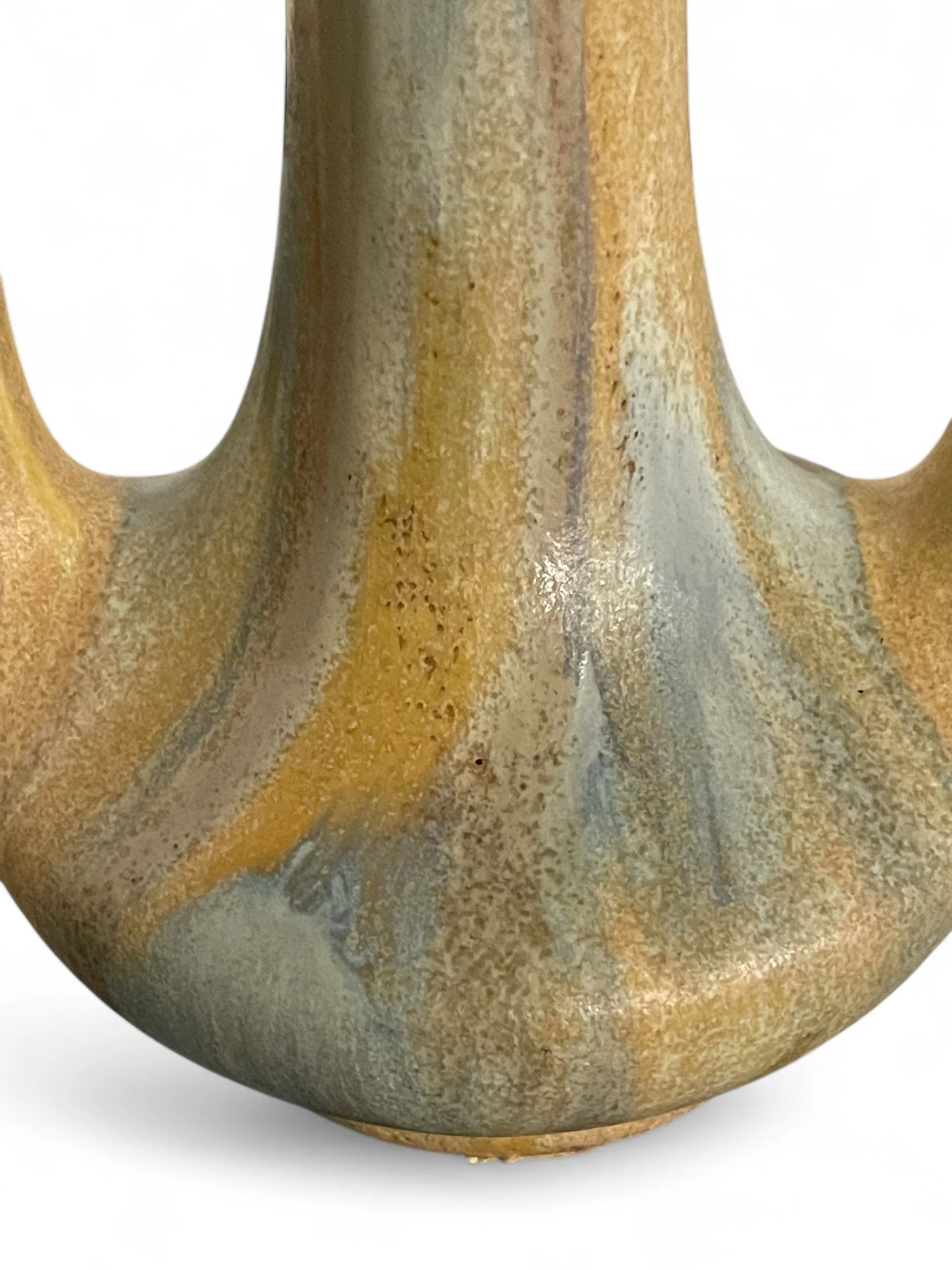 Vintage 9 1/2 inch tall, double handle Belgium style ceramic pottery vase in drip glaze earth tone colors.