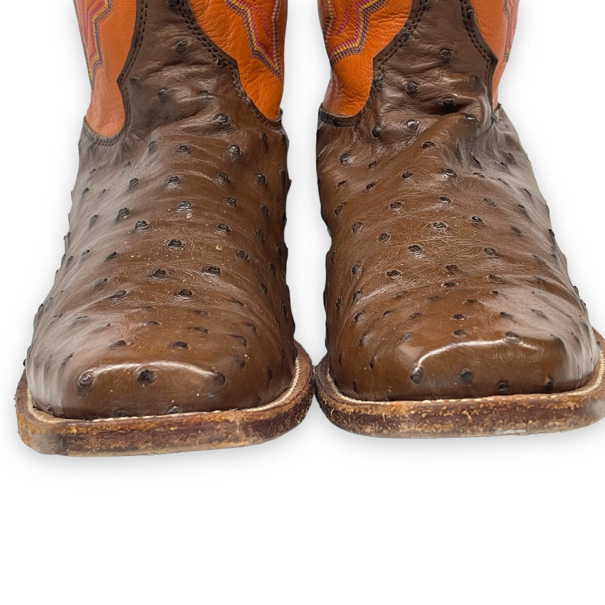 Vintage men's leather cowboy boots, Justin, Style: Comb Last 8962, US men's 11 1/2, made in USA, full quill ostrich, square toe, brown and orange