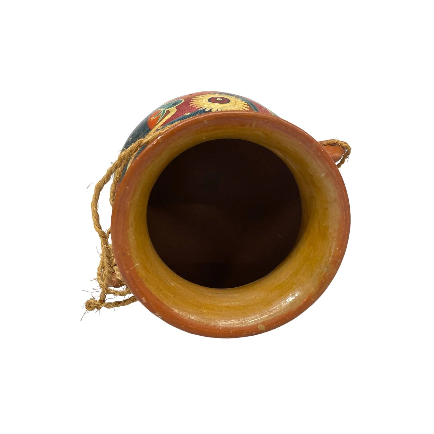 Vintage Mexican terracotta hanging pot hand painted with colorful birds and flowers. Folk art pottery from Acapulco.