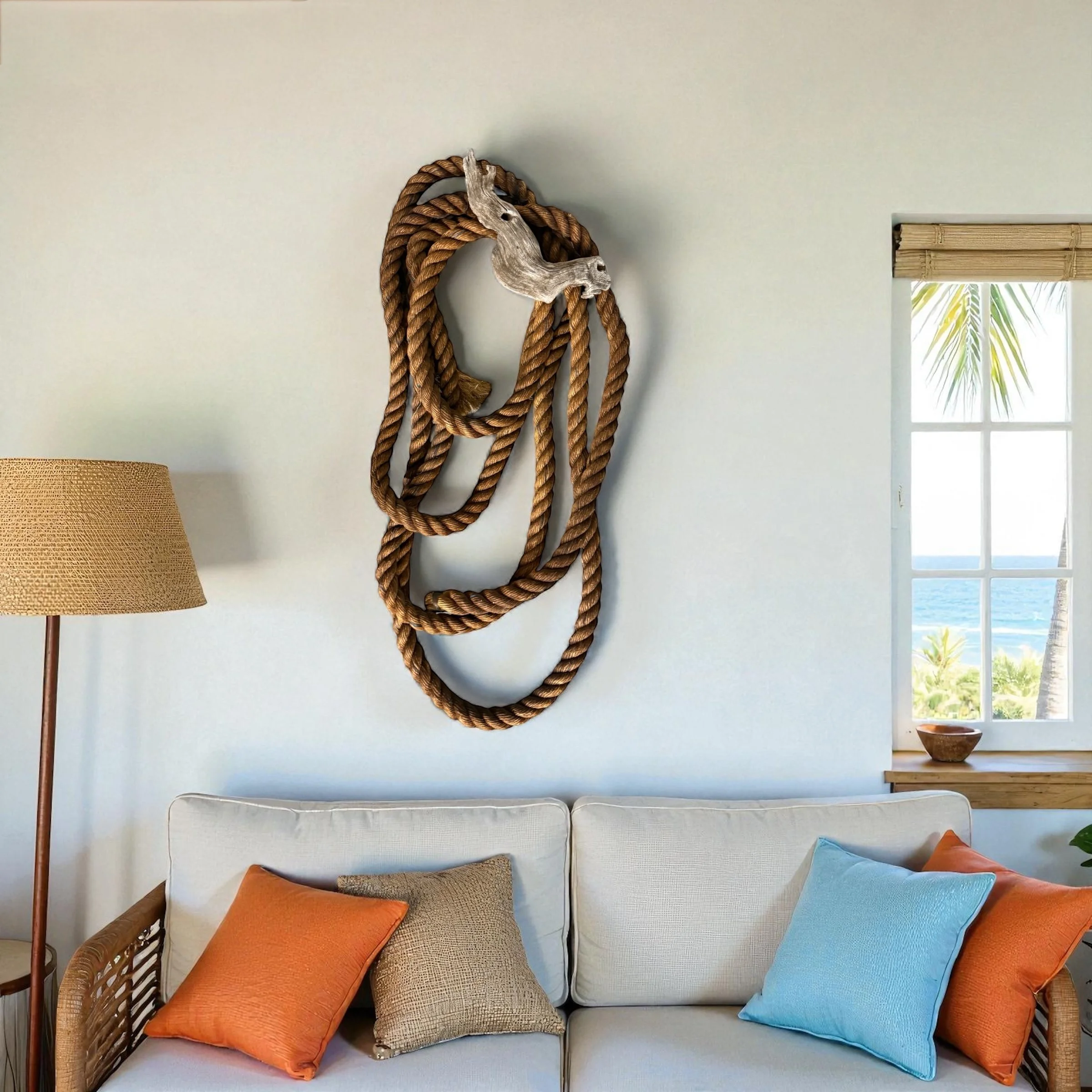 Vintage manila rope with driftwood display as wall decor in a coastal beach house