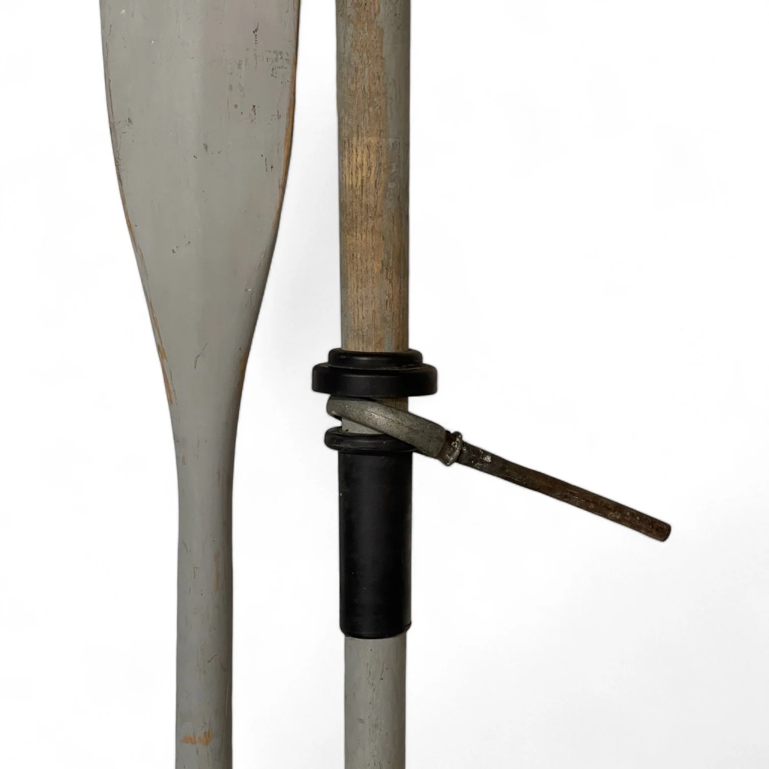 Vintage wooden grey weathered boat oars with oar locks, 71 inches by Foster Oar Co. - Made in USA.