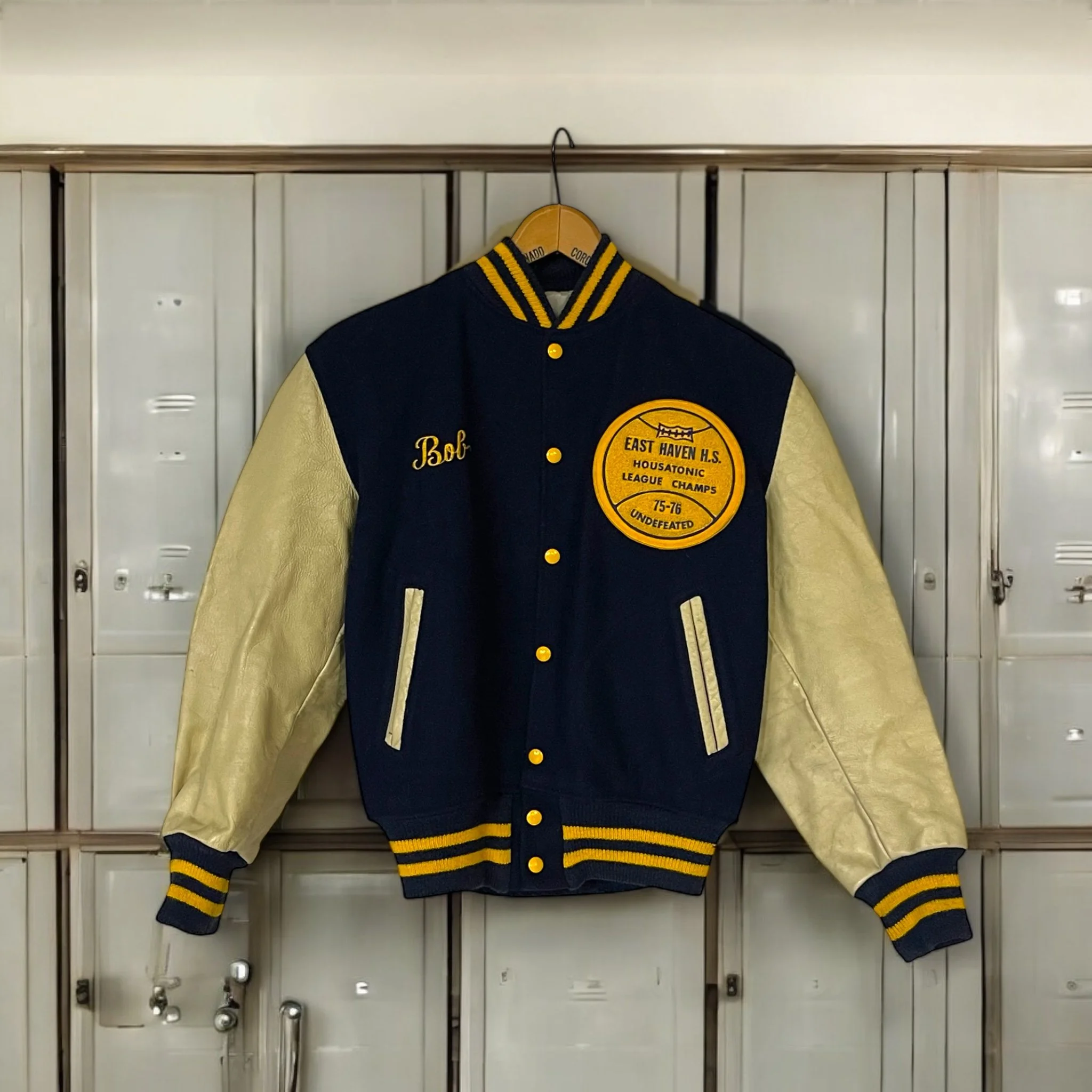 Vintage basketball letterman jacket, personalized, 1970s, blue yellow, leather and wool, East Haven, league champs, Bicentennial.