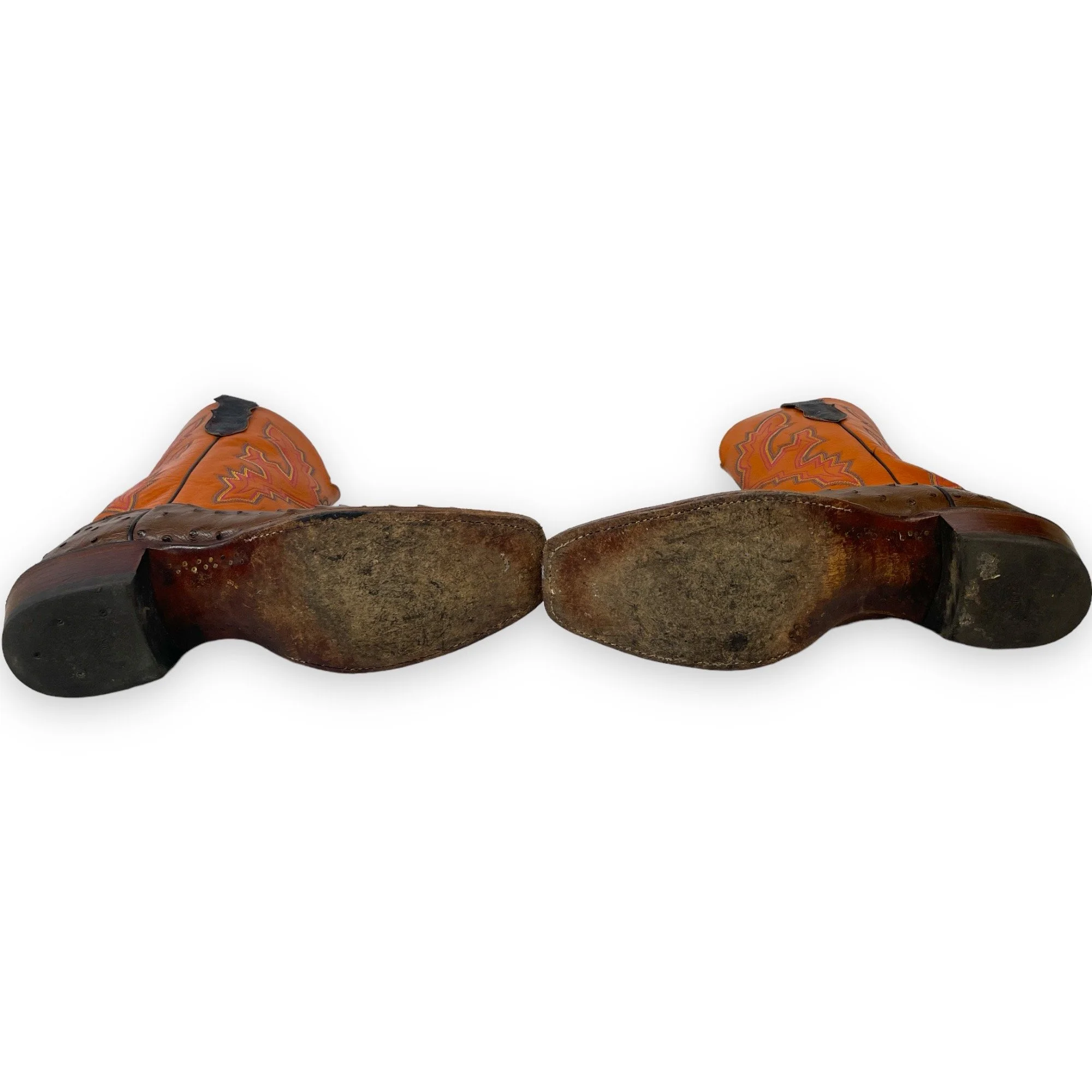 Vintage men's leather cowboy boots, Justin, Style: Comb Last 8962, US men's 11 1/2, made in USA, full quill ostrich, square toe, brown and orange