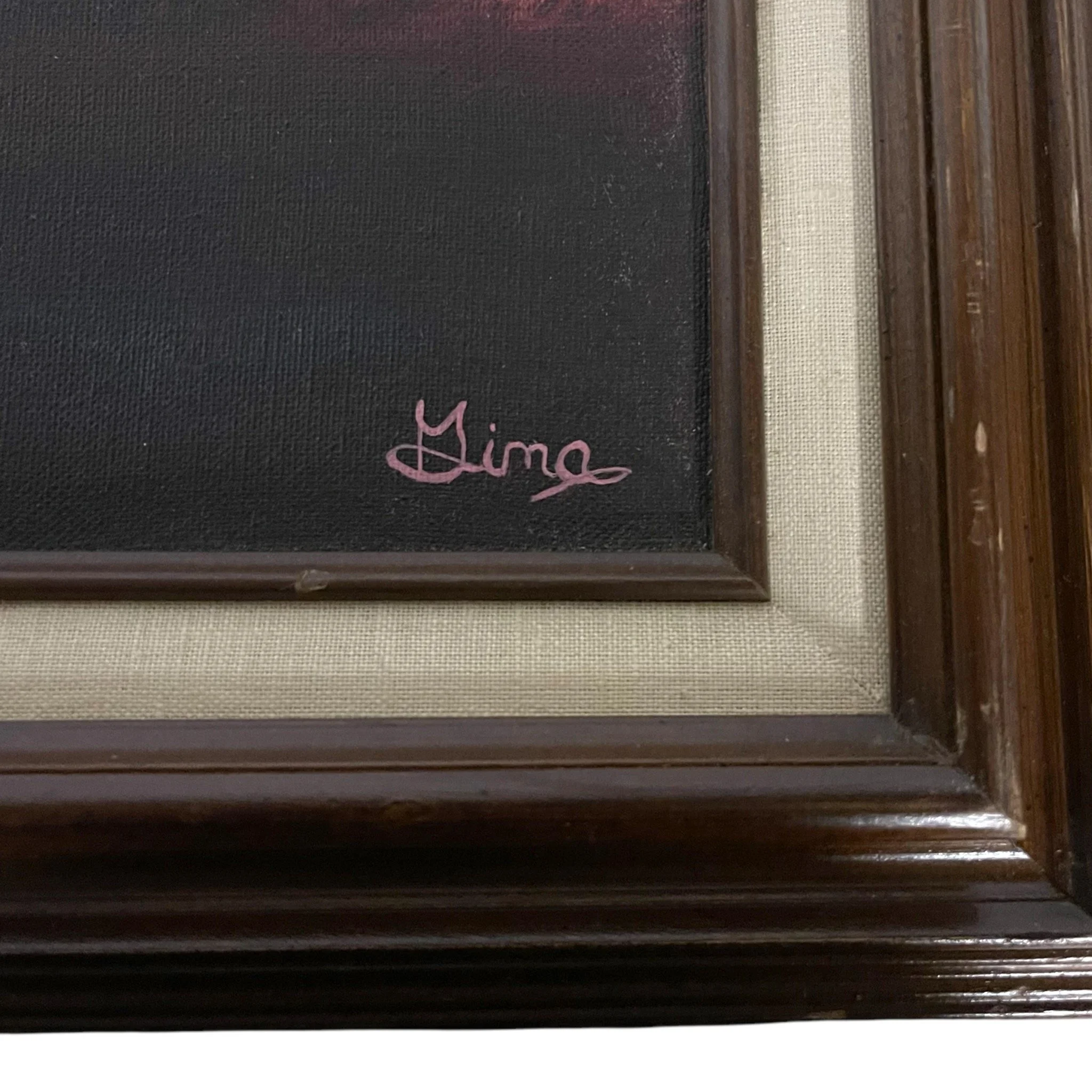 Vintage original oil painting of a desert at sunset featuring cactus, mountain under a colorful sky, framed, signed by artist. Ideal southwestern or boho interior decor.