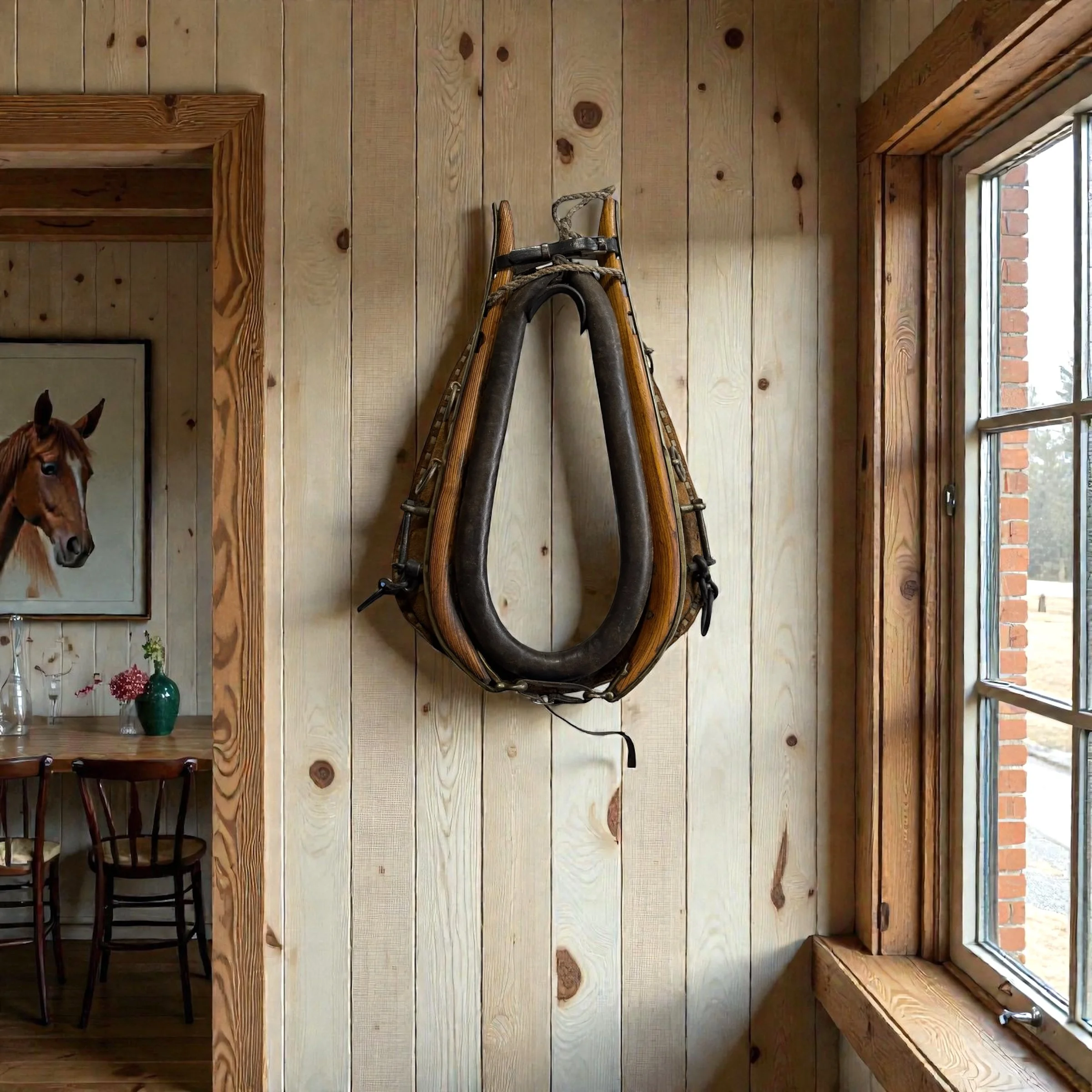 .	Farmhouse barn decor vintage horse tack with wooden hames styled in a western ranch house