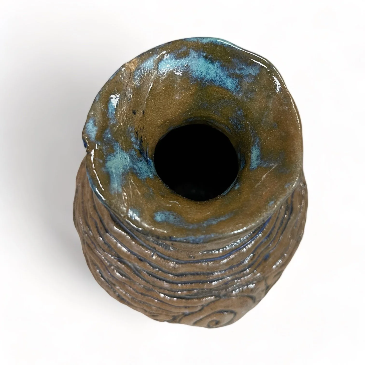 Vintage 7 piece handmade studio pottery collection of vases, bowls, mug in blue, turquoise and brown.