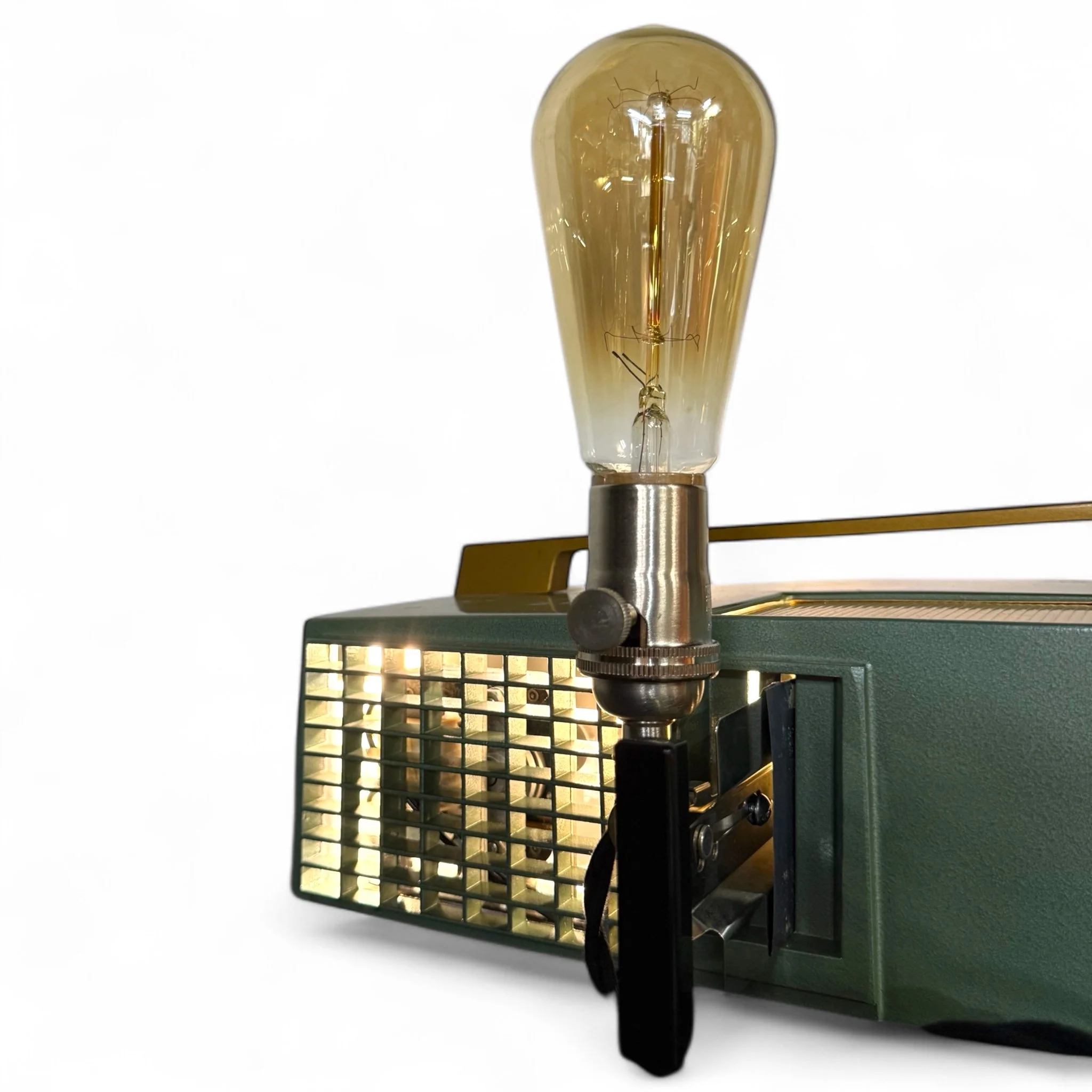 Upcycled vintage new old stock Realist slide projector desk lamp with a space age retro mid century modern design. Dual lighting features, and beautiful gold and pearlized sage green color combo.