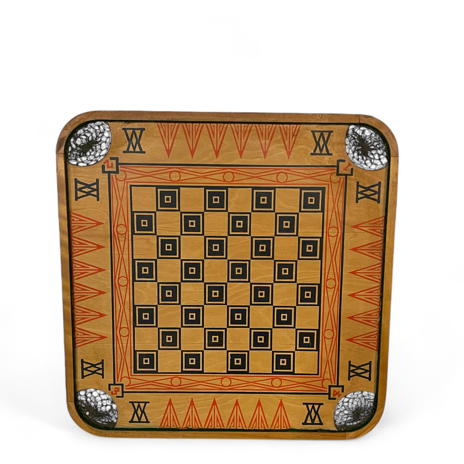 Antique 1930s Carrom Company Style Q square wooden game board, double sided with Viking ship.
