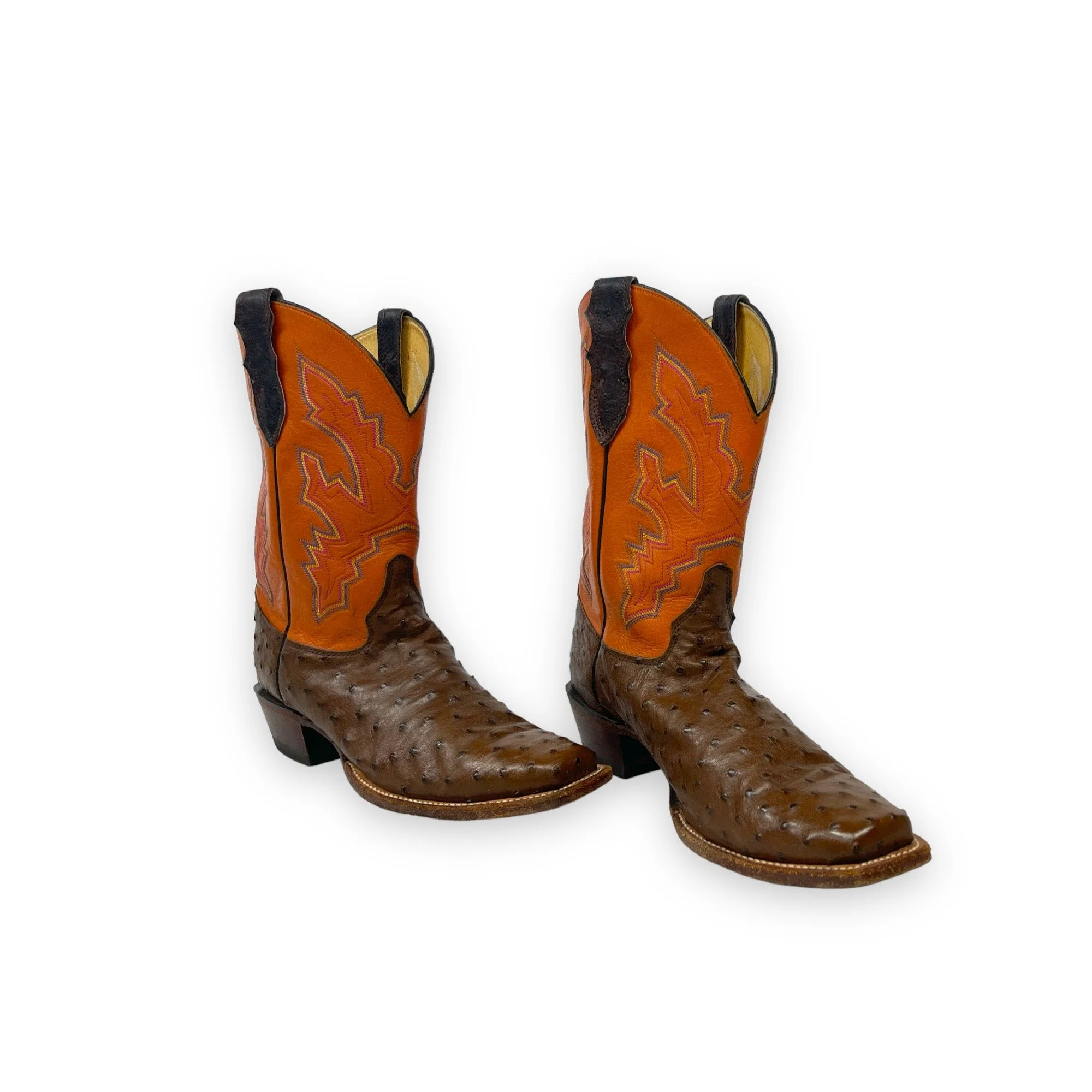 Vintage men's leather cowboy boots, Justin, Style: Comb Last 8962, US men's 11 1/2, made in USA, full quill ostrich, square toe, brown and orange