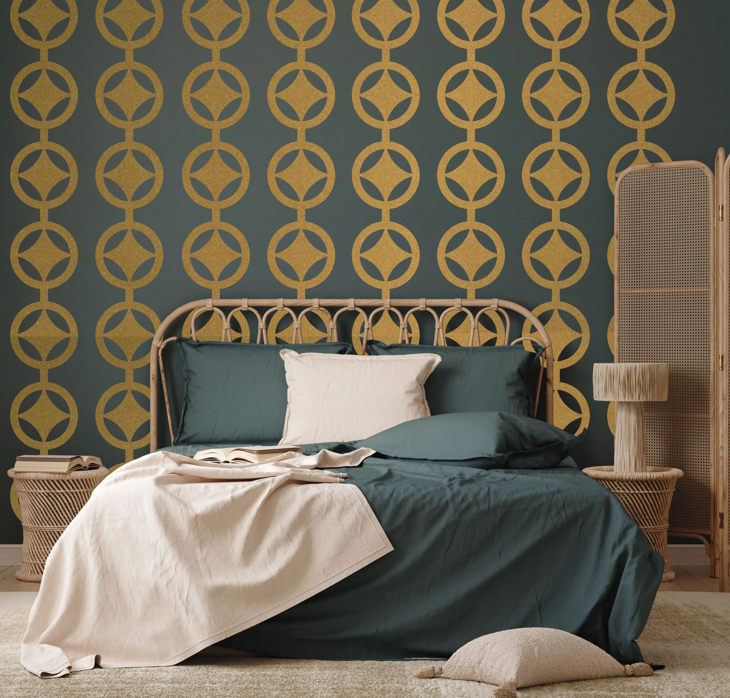 Mid century style vinyl wall decals with a circle and atomic star pattern in metallic gold by Wall Star Graphics, primary bedroom, boho modern