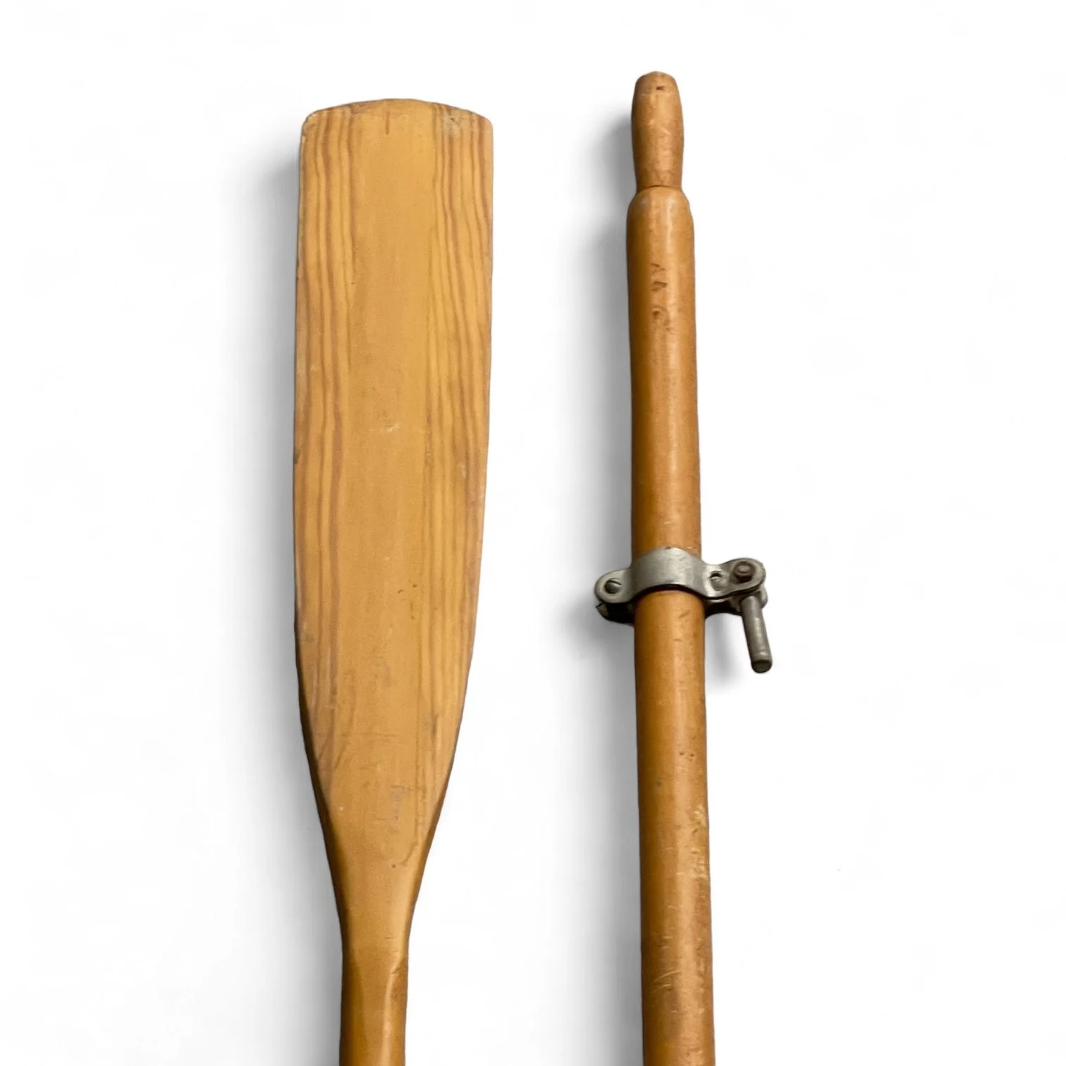 Vintage pair of 83.5 inch wooden boat oars with metal oar locks by Agner Simplex Co. Made in USA