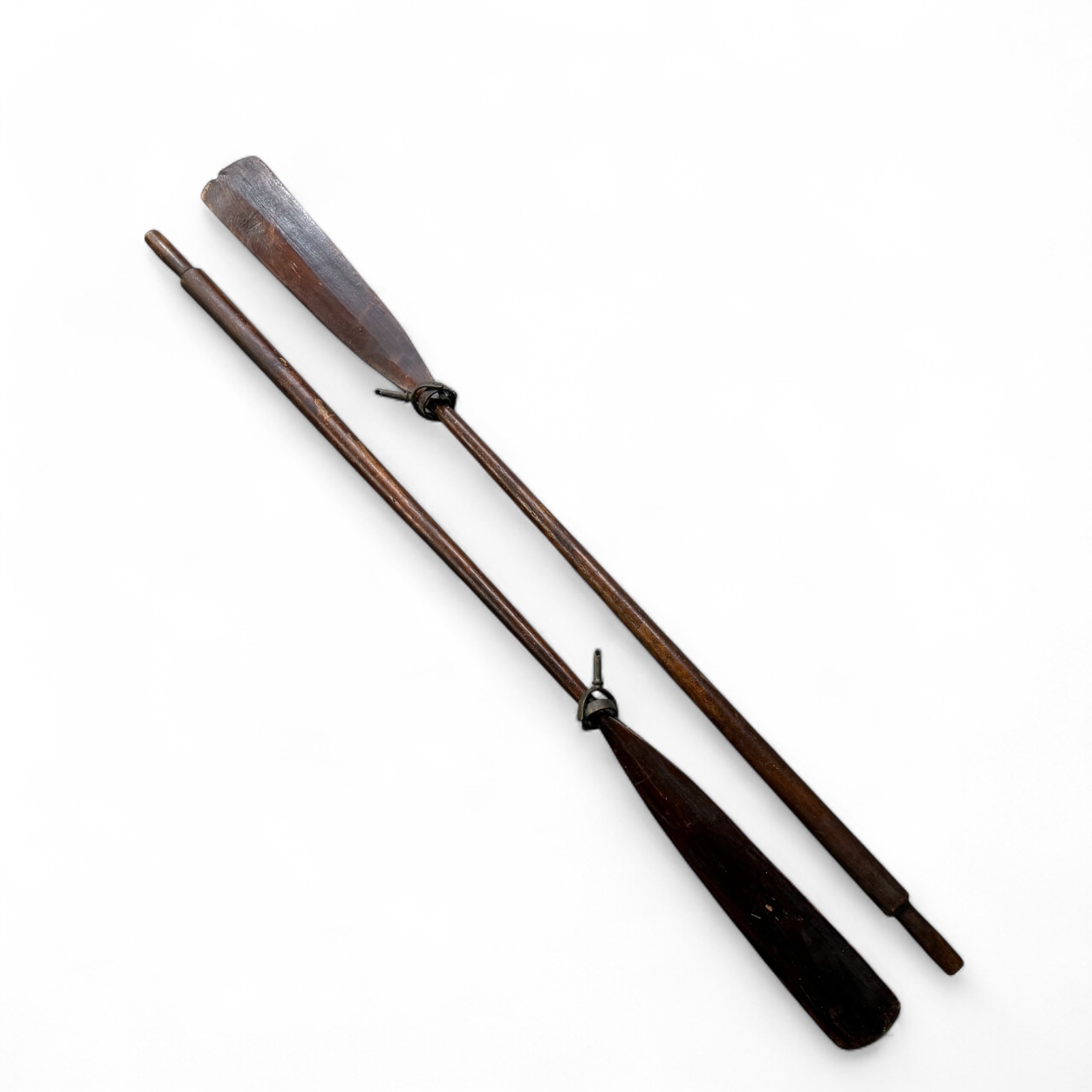 Pair of oars with oar locks, dark brown stain, rustic cabin display