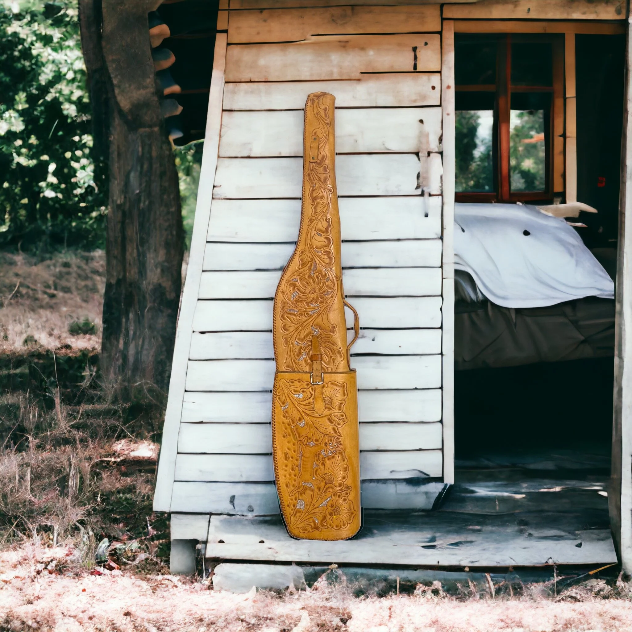 Vintage genuine leather hand tooled two piece rifle case lined in red fleece. Embossed flowers, deer on gun case, leaning against a rustic cabin in the woods.