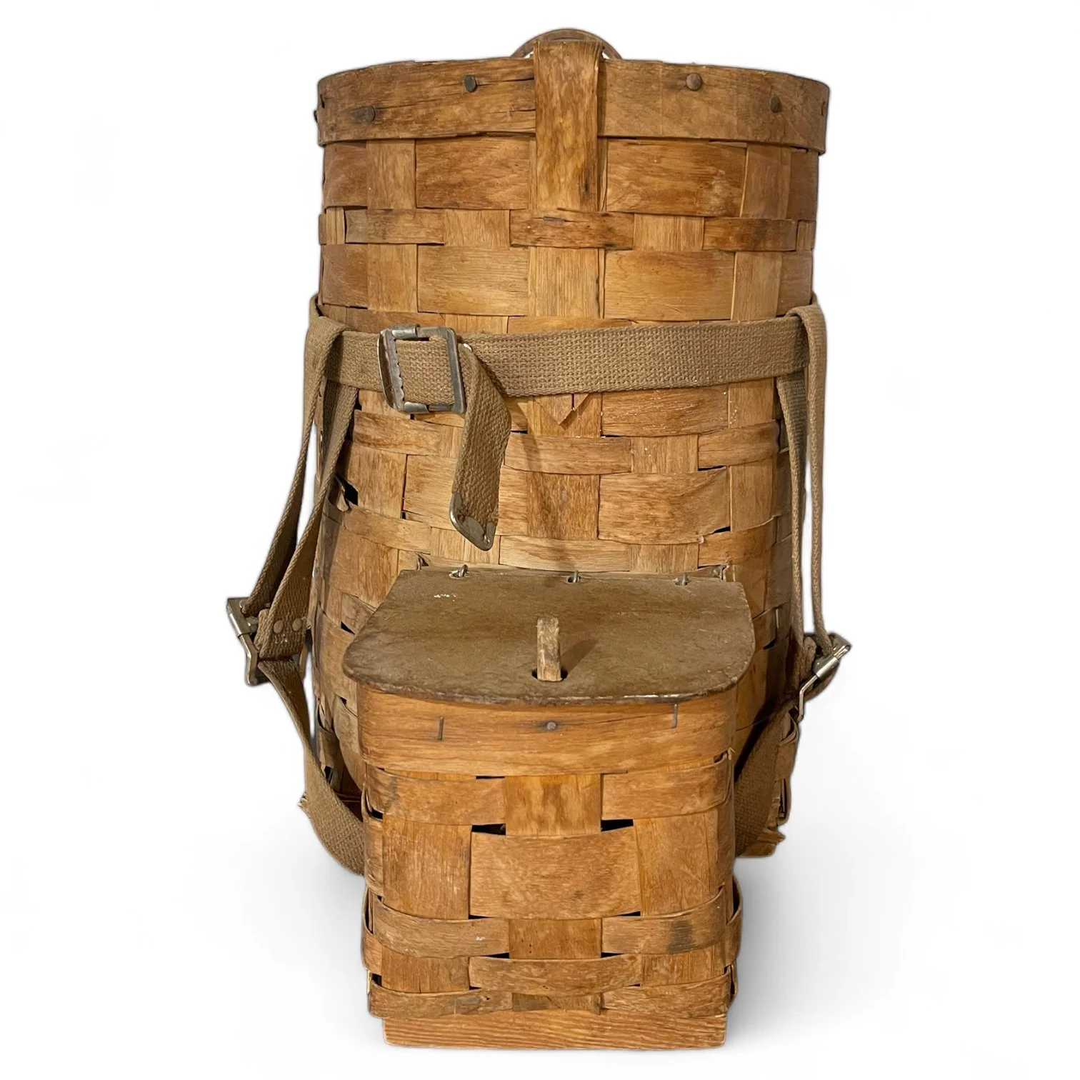 Front view of a large vintage Adirondack Pack Basket - 2 Compartments, 1 with lid, canvas adjustable shoulder straps.