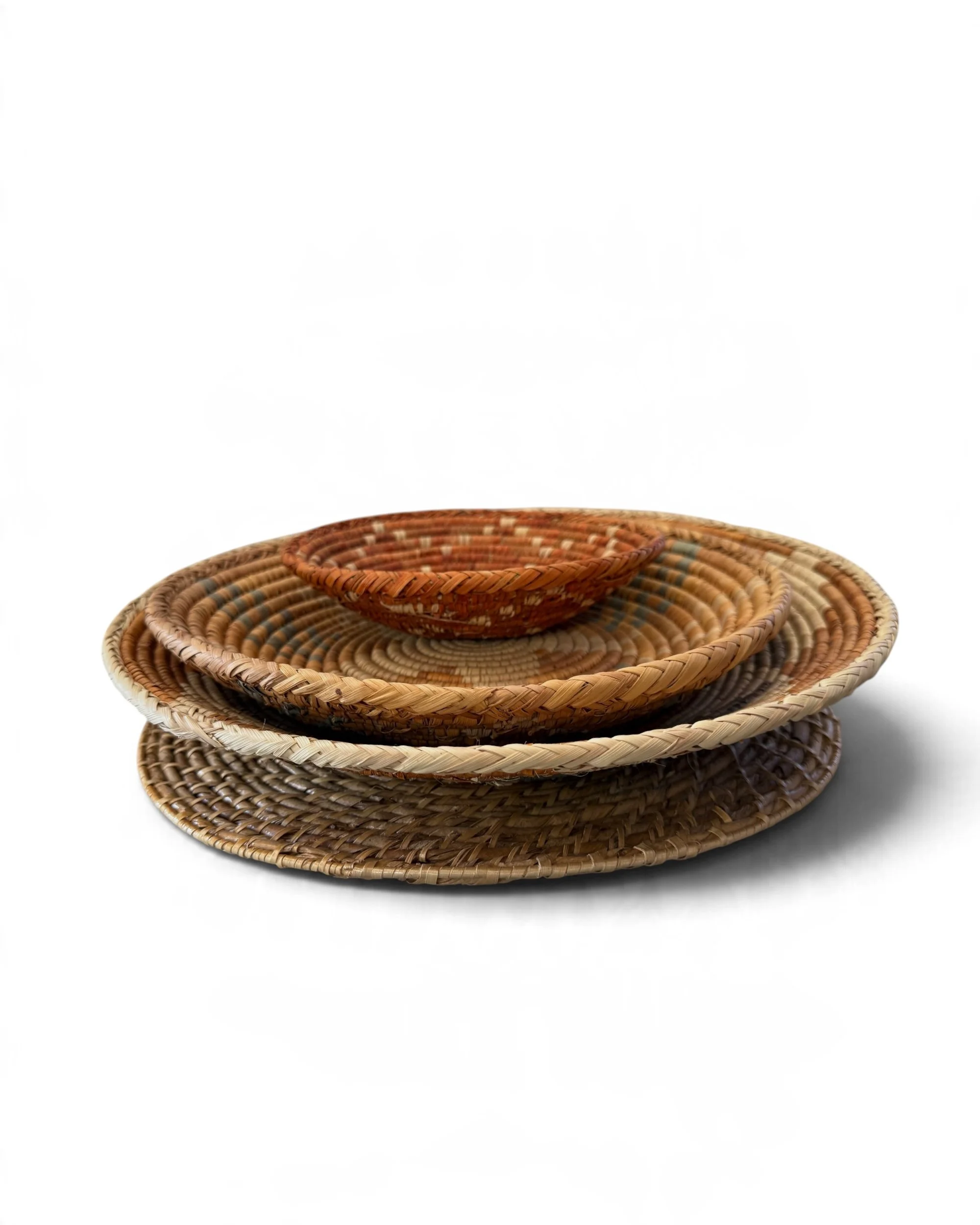 vintage set 4 woven coiled woven baskets stacked