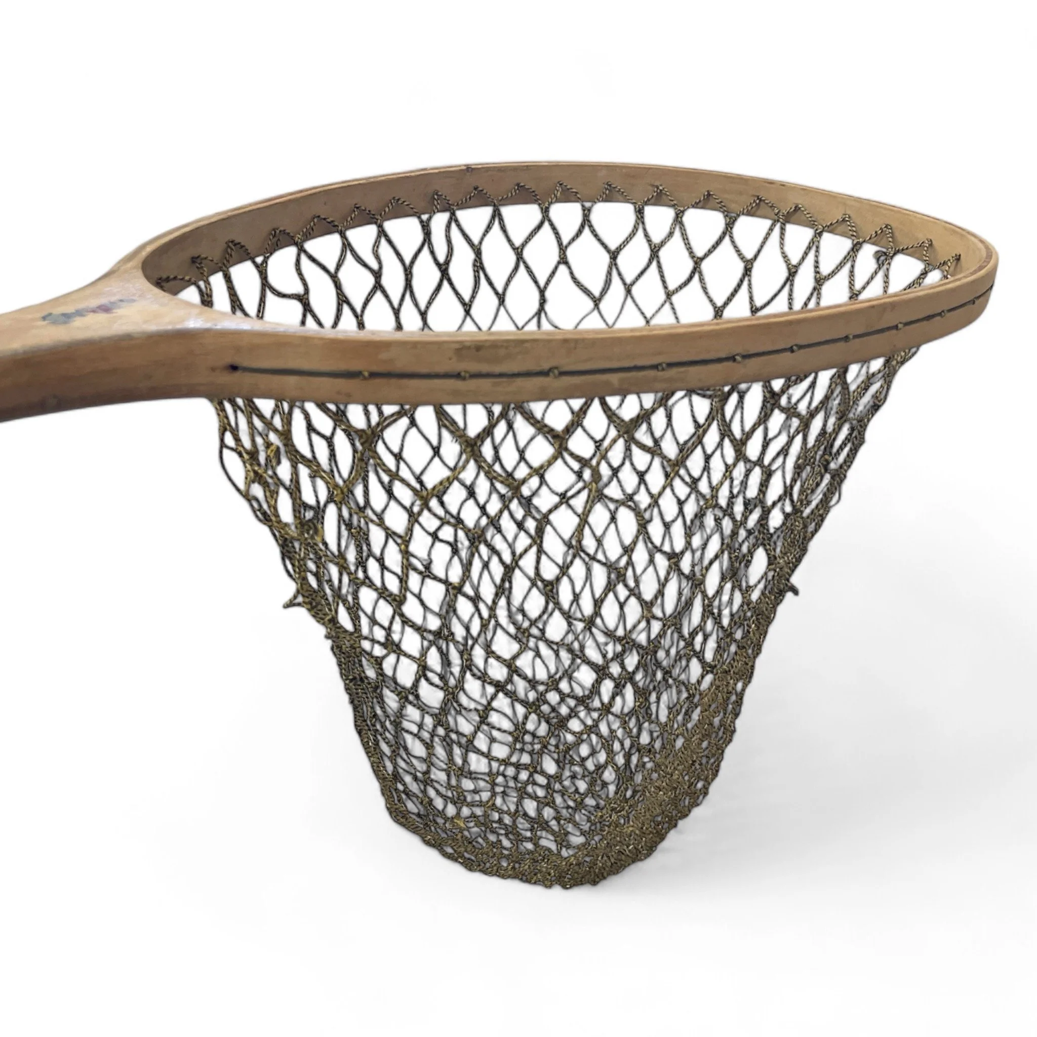 Vintage wood frame trout fishing net, red handle, made in USA, 23 inches length