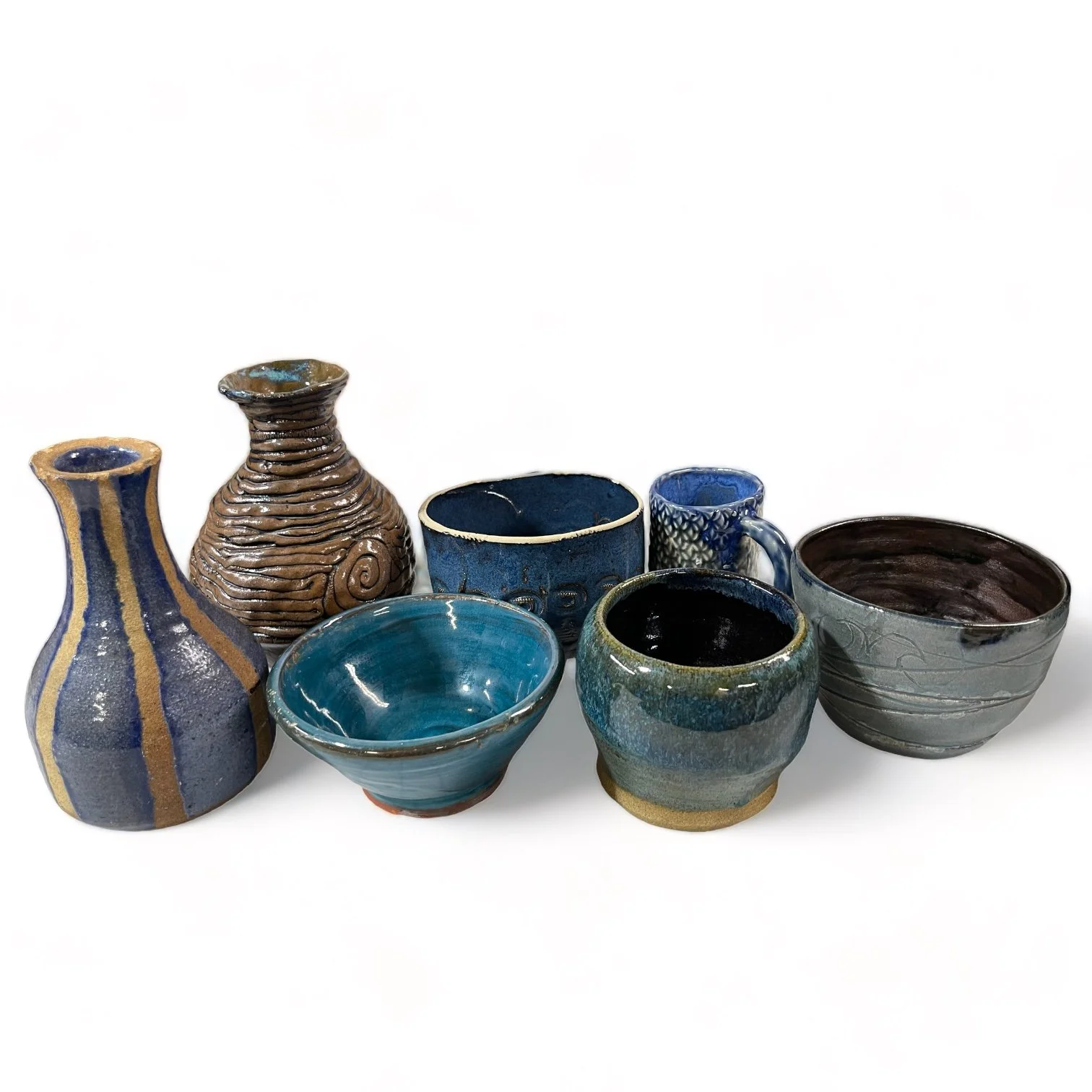 Vintage 7 piece handmade studio pottery collection of vases, bowls, mug in blue, turquoise and brown.