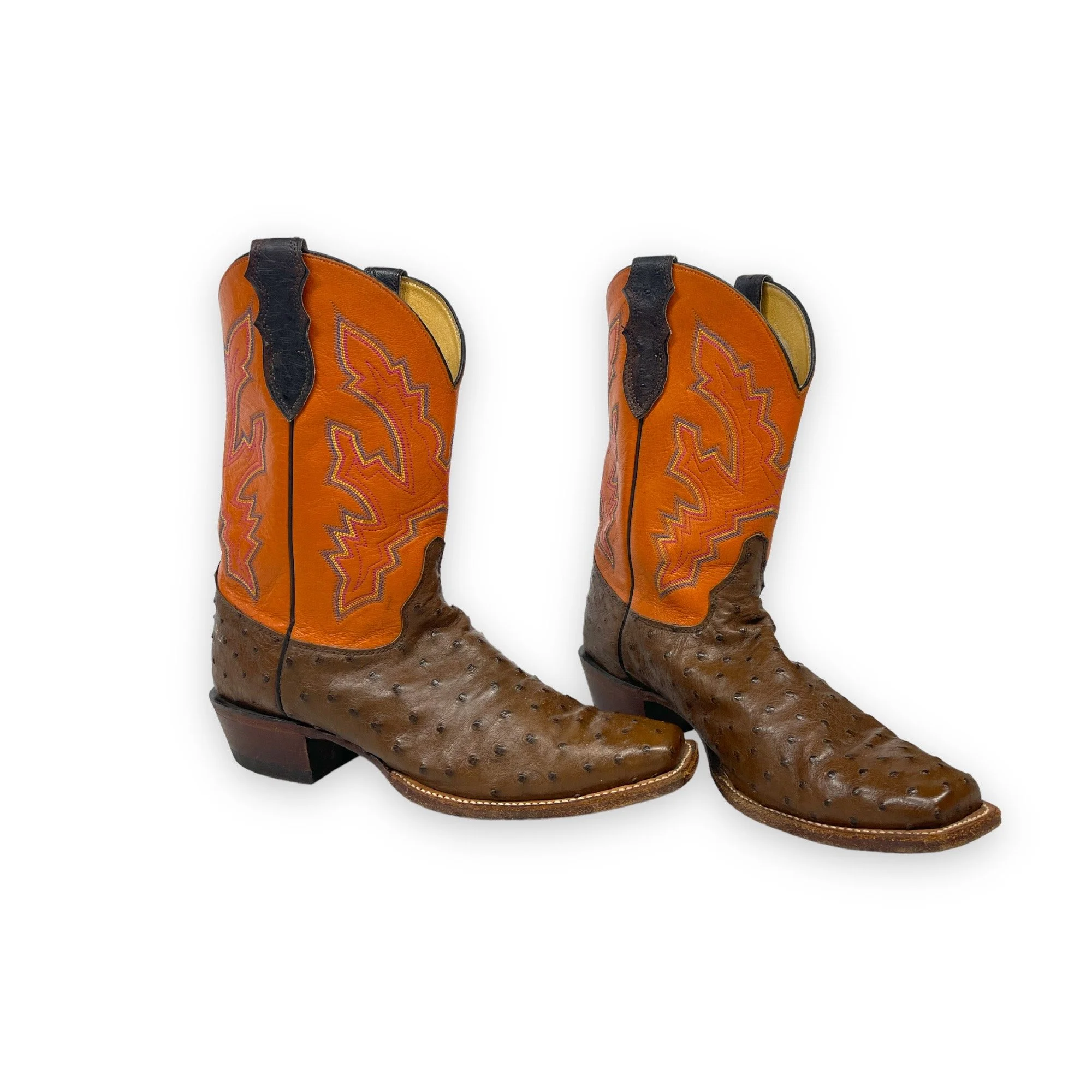 Vintage men's leather cowboy boots, Justin, Style: Comb Last 8962, US men's 11 1/2, made in USA, full quill ostrich, square toe, brown and orange