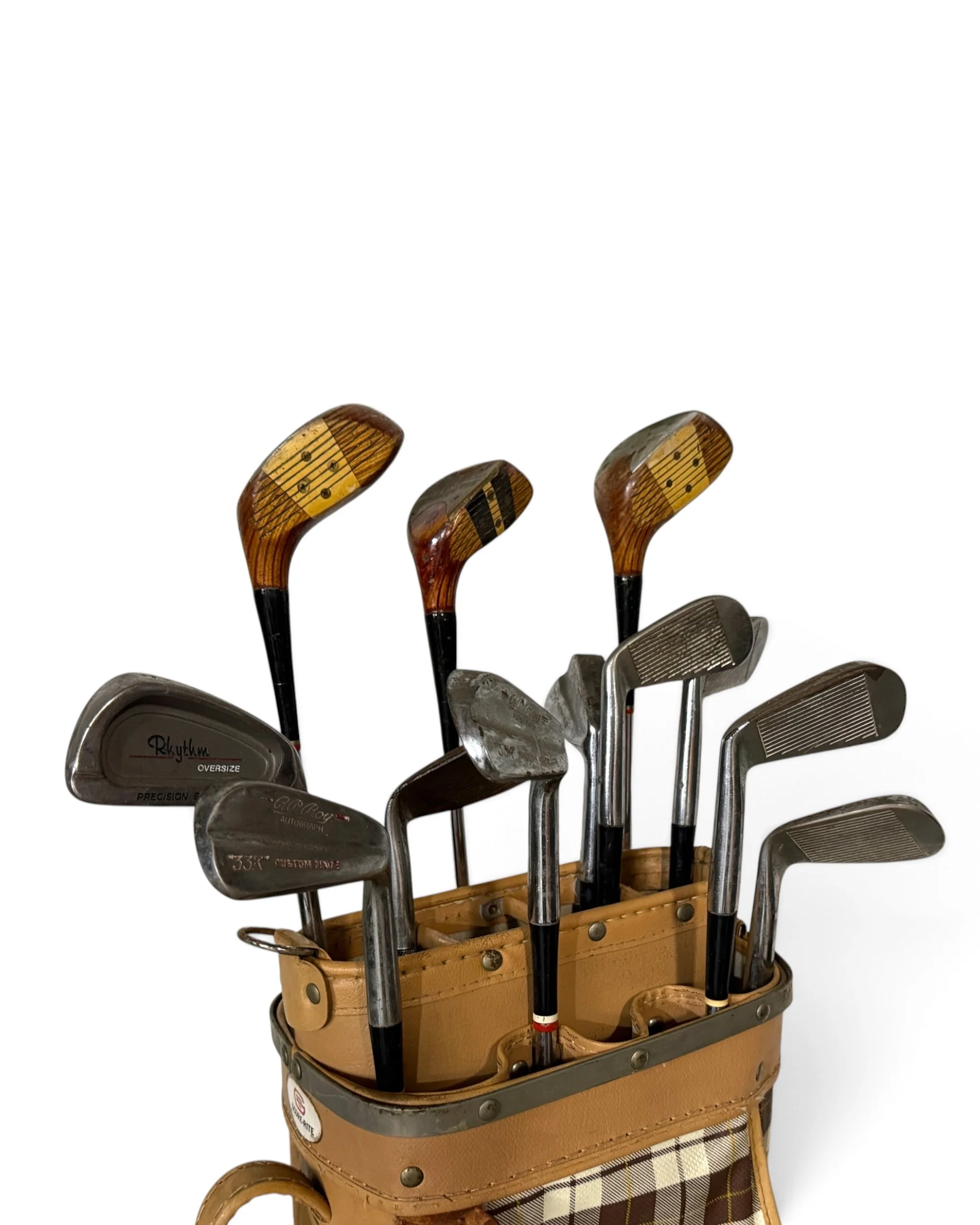 vintage Score-Rite plaid golf bag with wood iron clubs - Modern Artifact DecorPhotoroom_20260724_074958.JPG