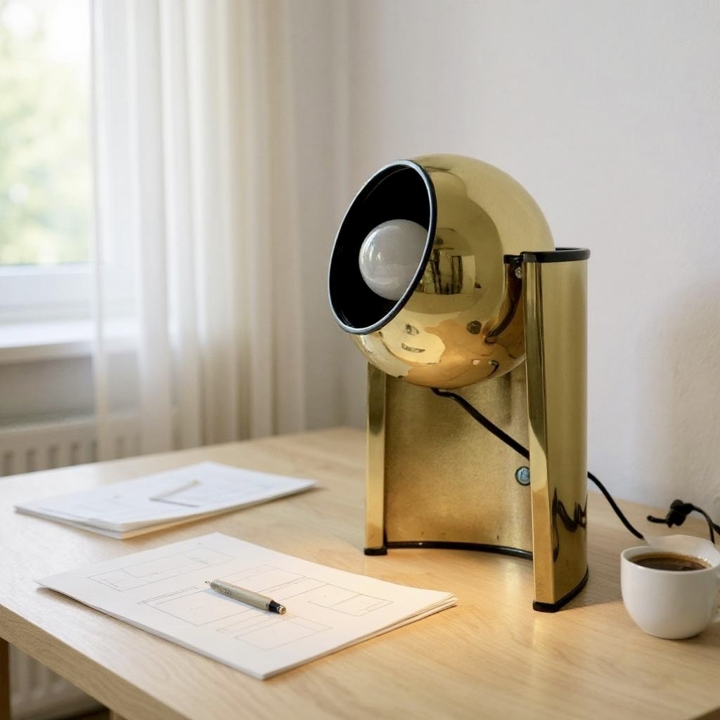 Vintage gold atomic orb eyeball lamp with adjustable shade, mid century modern lighting for retro home or office decor.