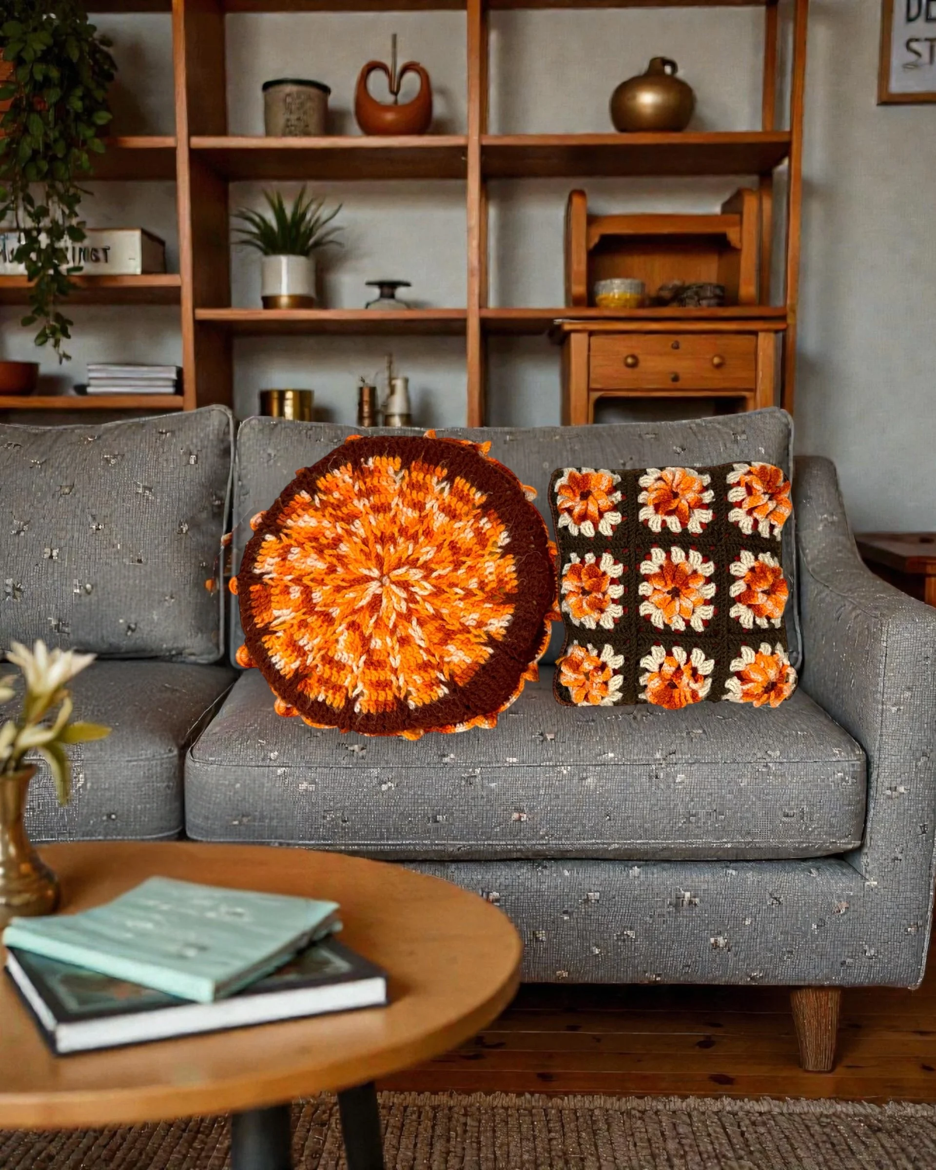 Handmade crochet pillows styled on sofa for boho fall home decor
