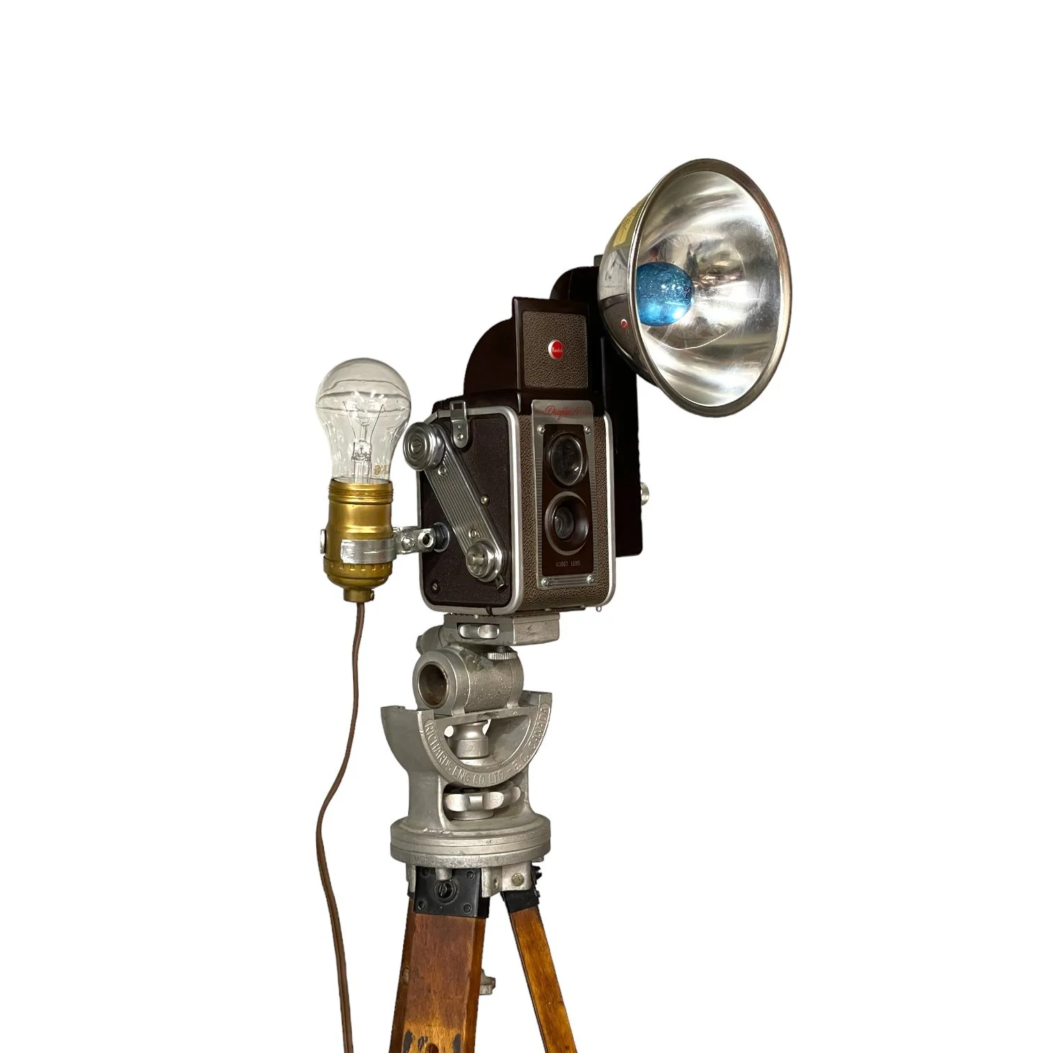 Vintage Kodak Duaflex IV Camera and Uni Colt Richards Engineering Wooden Tripod Floor Lamp