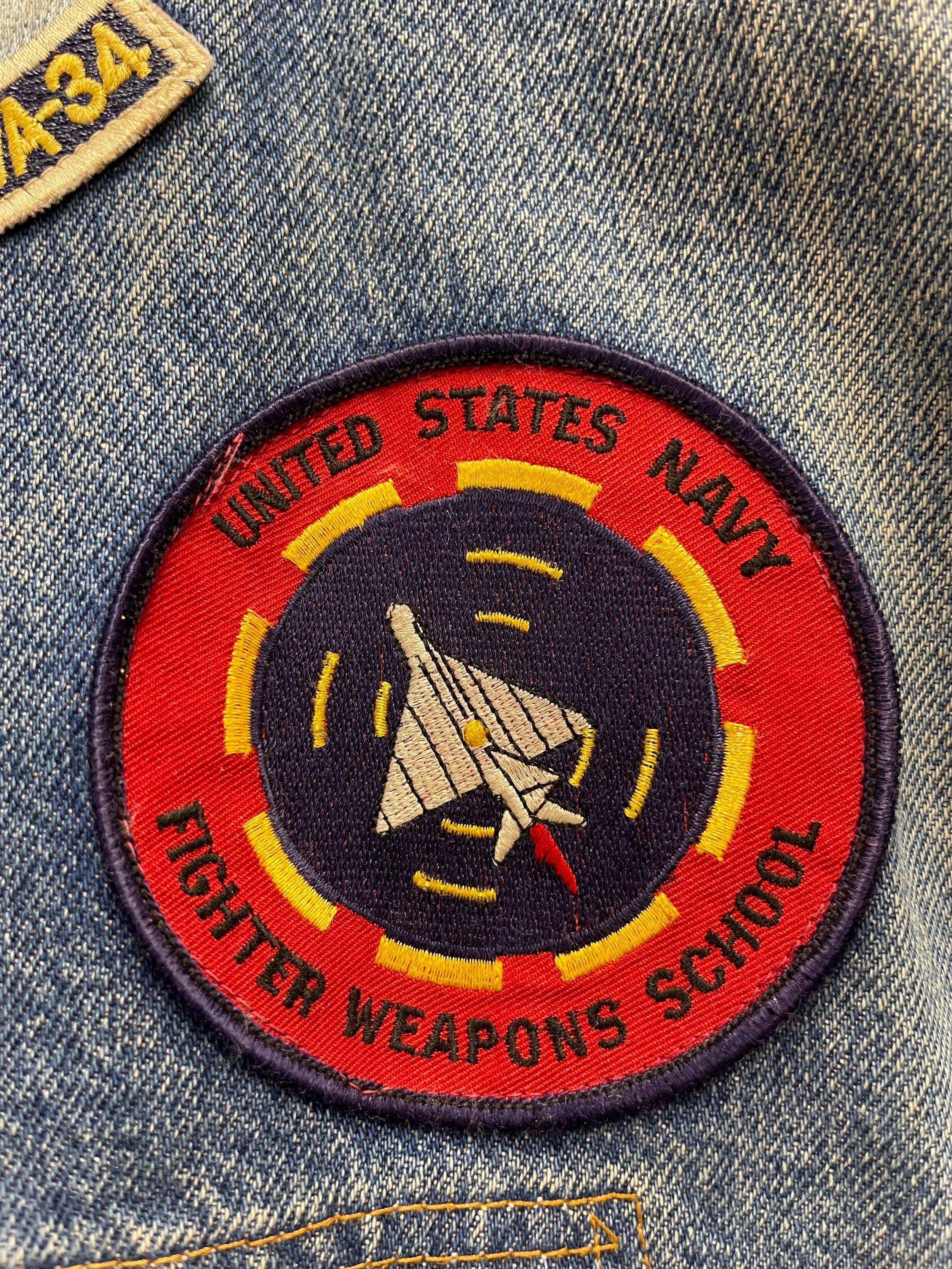 Vintage mens 3XL or 4XL denim vest by SFO San Francisco Overall with vintage military patches.