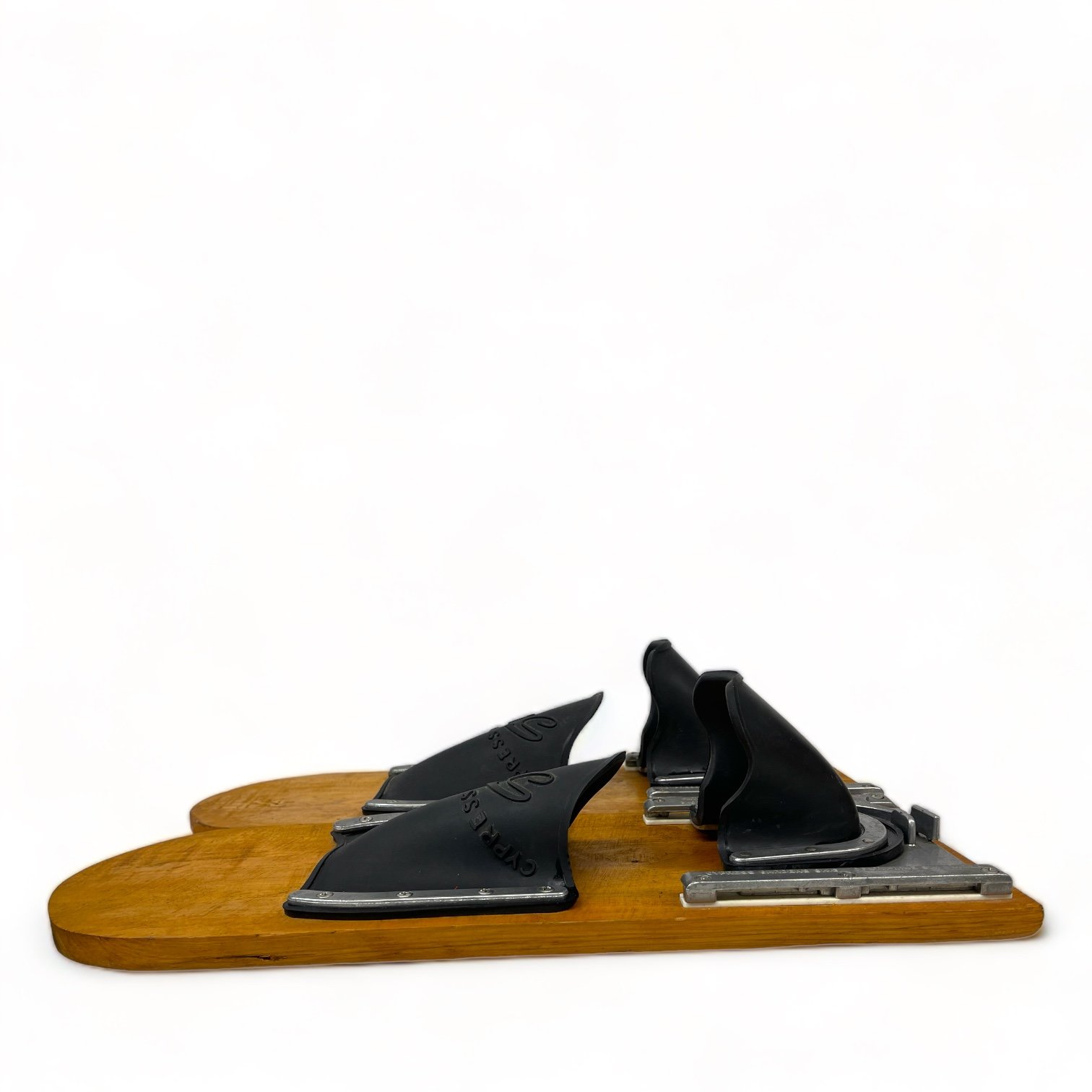 Vintage pair of Cypress Gardens trick wooden water skis, 19 3/4 inches with bindings.