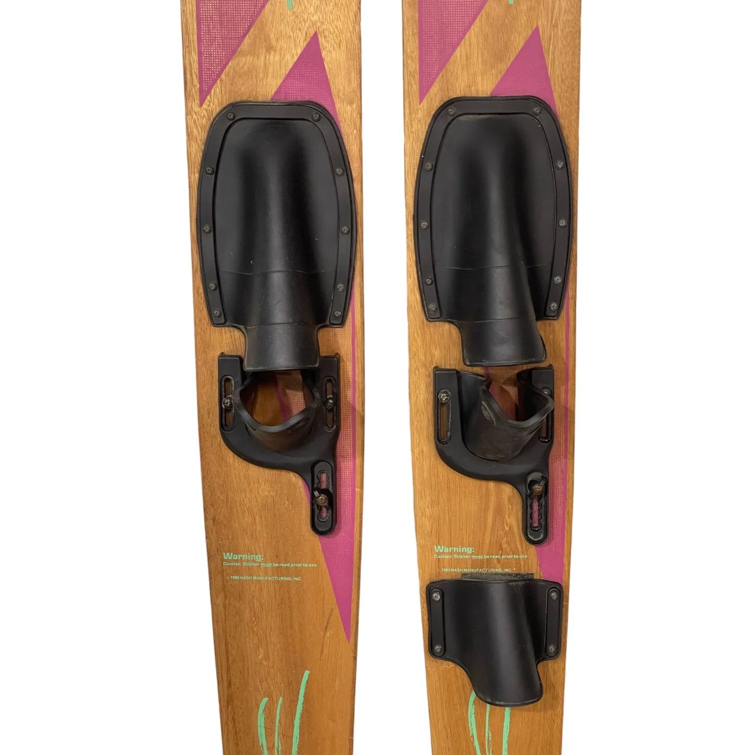 Close up of bindings on a pair of vintage wooden water skis - Nash Gold Cup Combo.