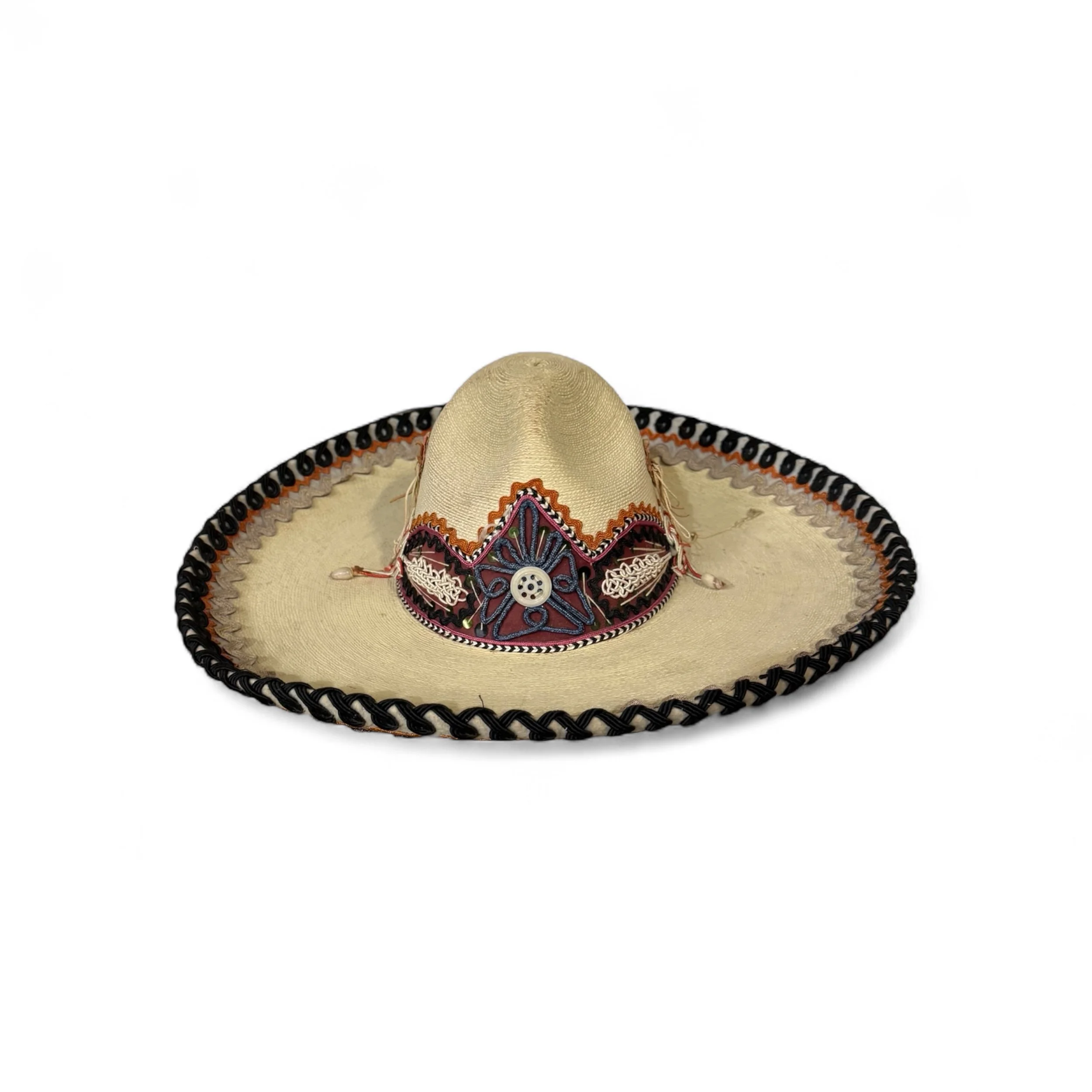 Vintage Alberto Chavez Mexican sombrero with colorful embroidered details and wide straw brim