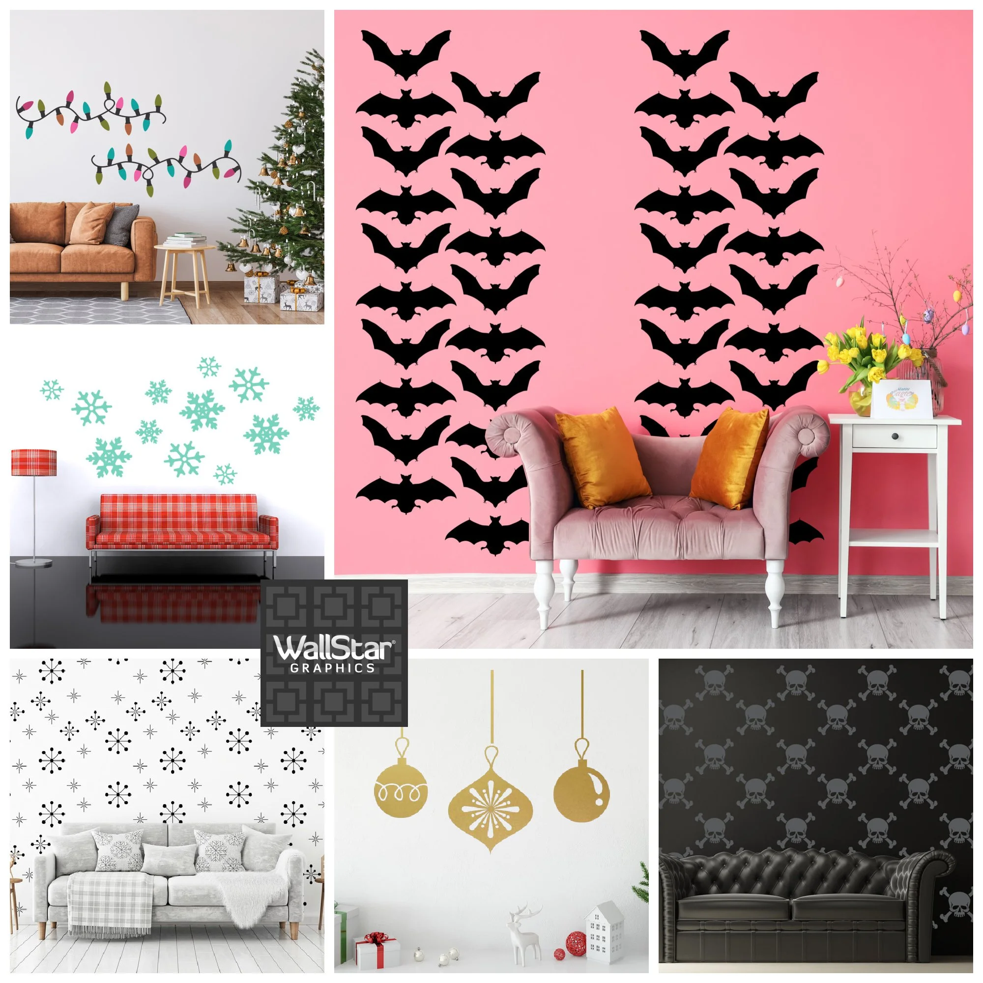 A collage of holiday themed vinyl wall decals by Wall Star Graphics, consisting of Christmas, Halloween, and winter.