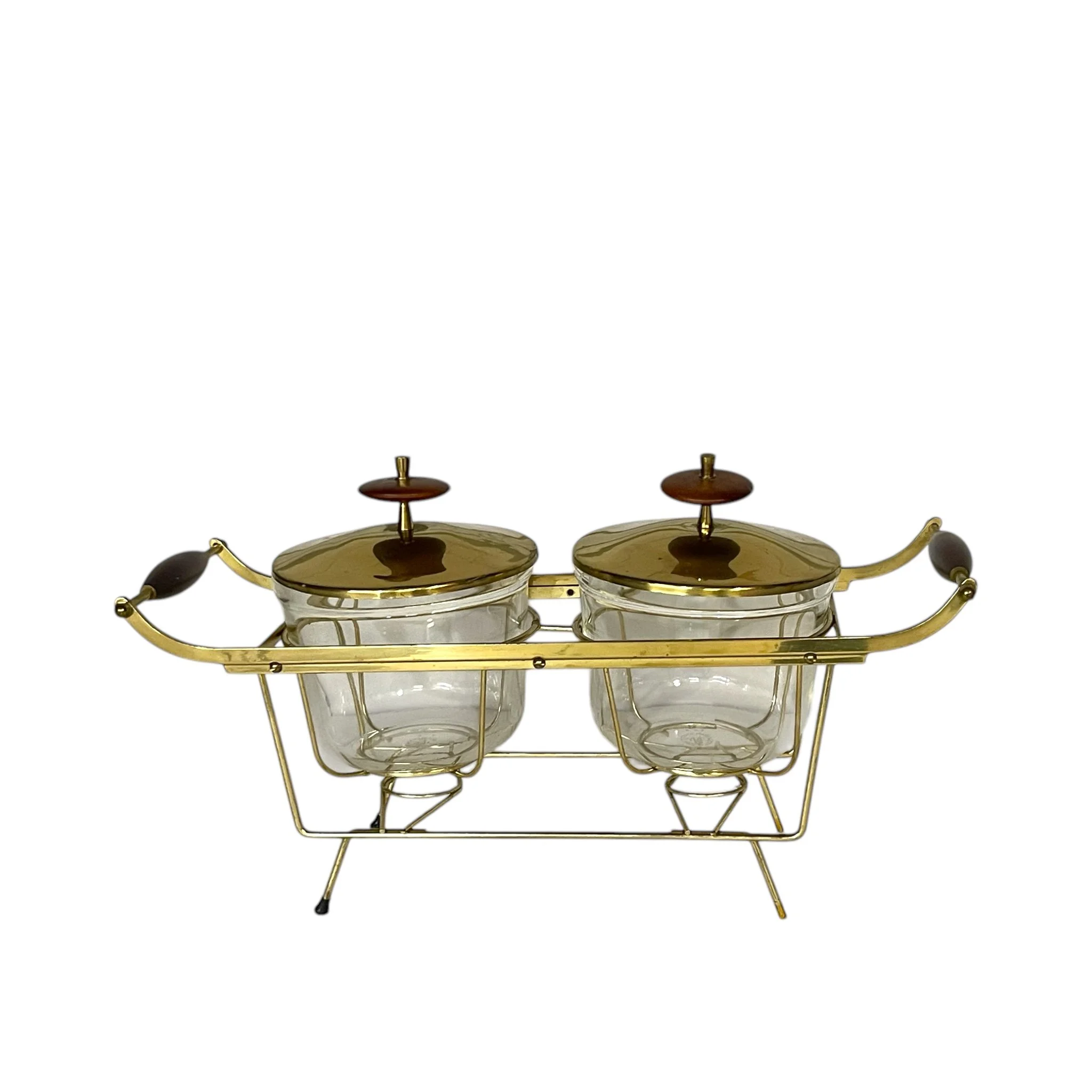 Vintage set of two Pyrex glass serving dishes with gold lids and teak wood accents on the handles. Mid Century Modern kitchen buffet dishes for entertaining or display.