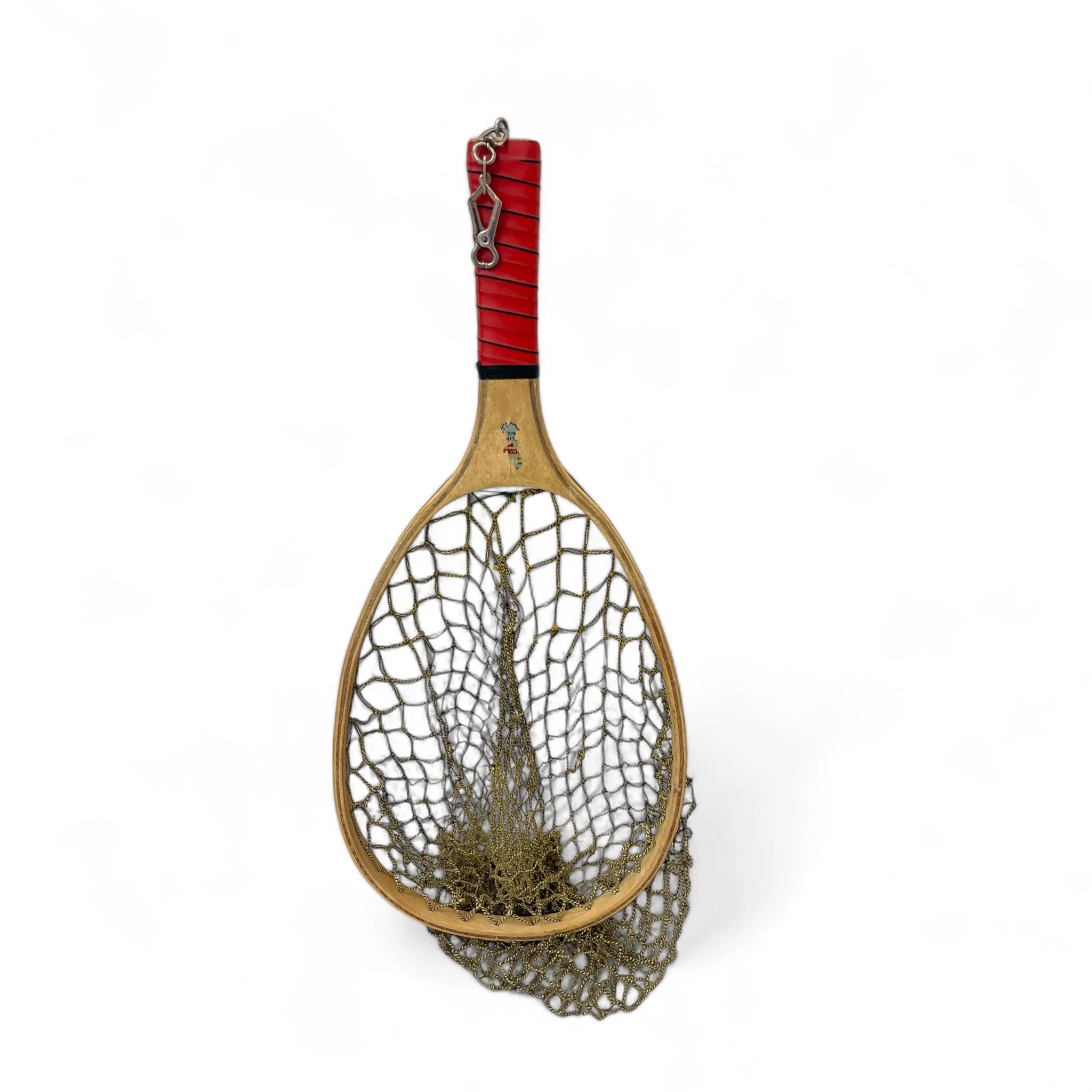 Vintage wood frame trout fishing net, red handle, made in USA, 23 inches length