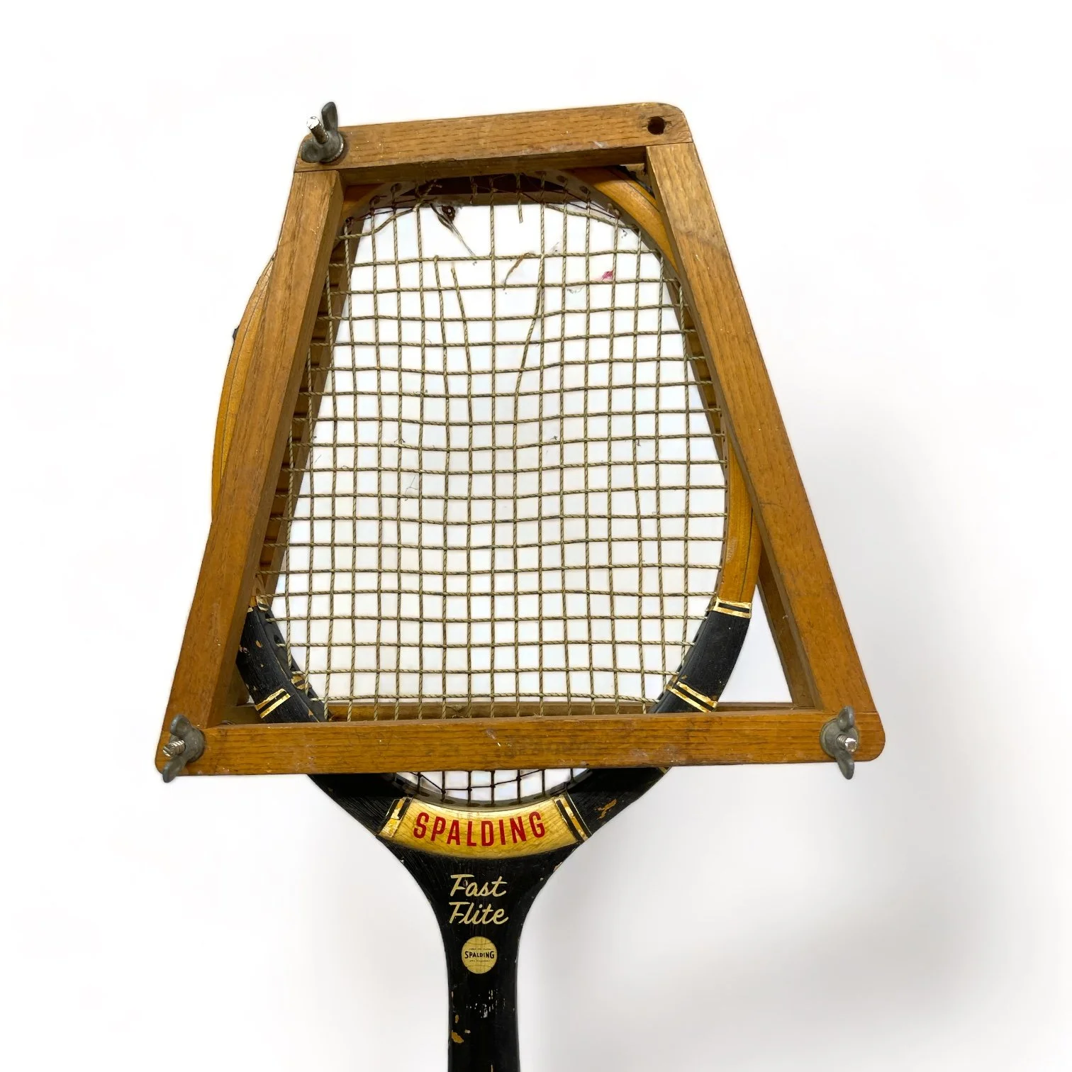 Vintage Wooden Tennis Racket Pair, Spalding Fast Flite, Paucho Segura Special Model with racket press, sports collectible game room decor.