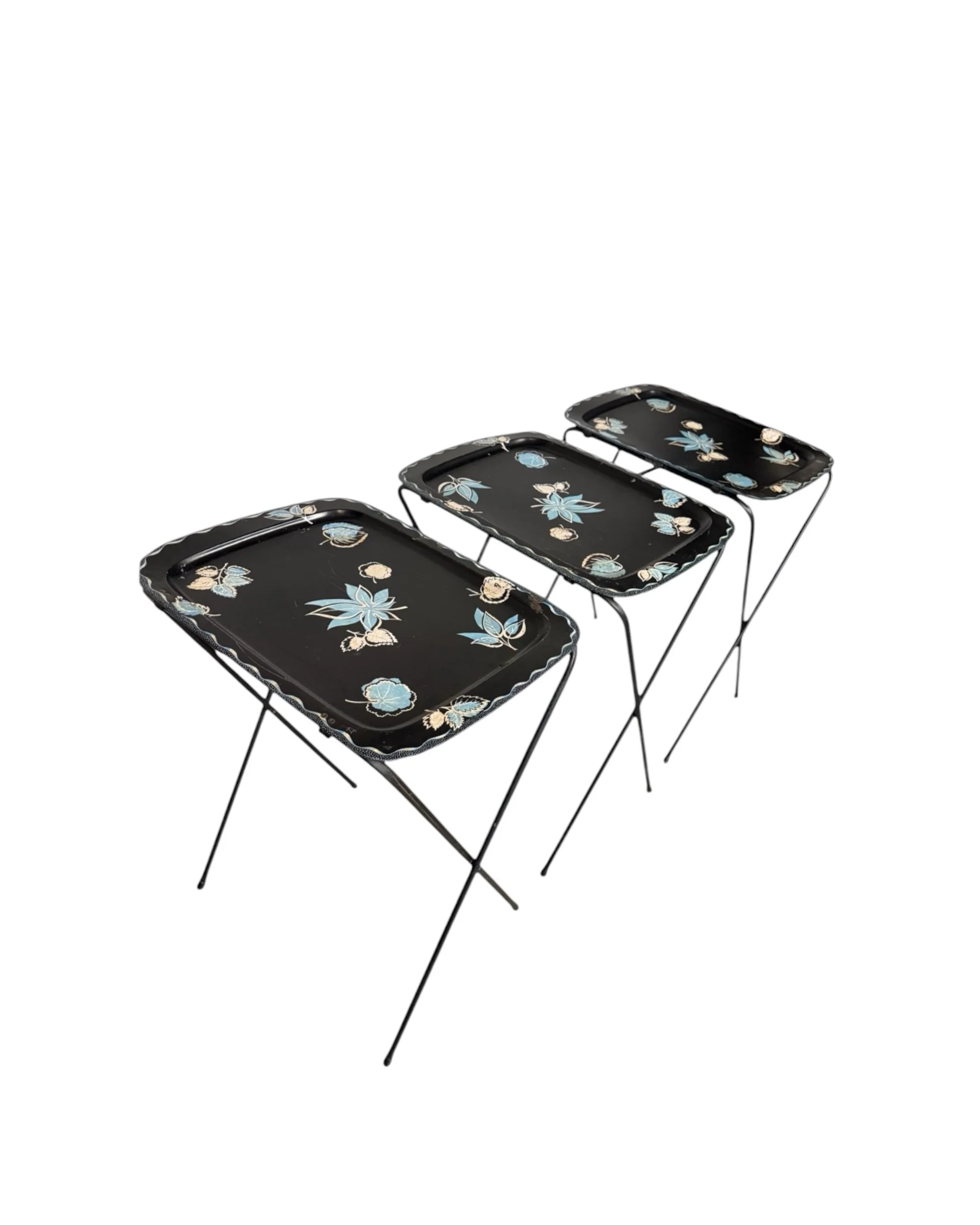 Vintage set of three black floral TV trays with folding metal stands, retro snack tables with scalloped edges